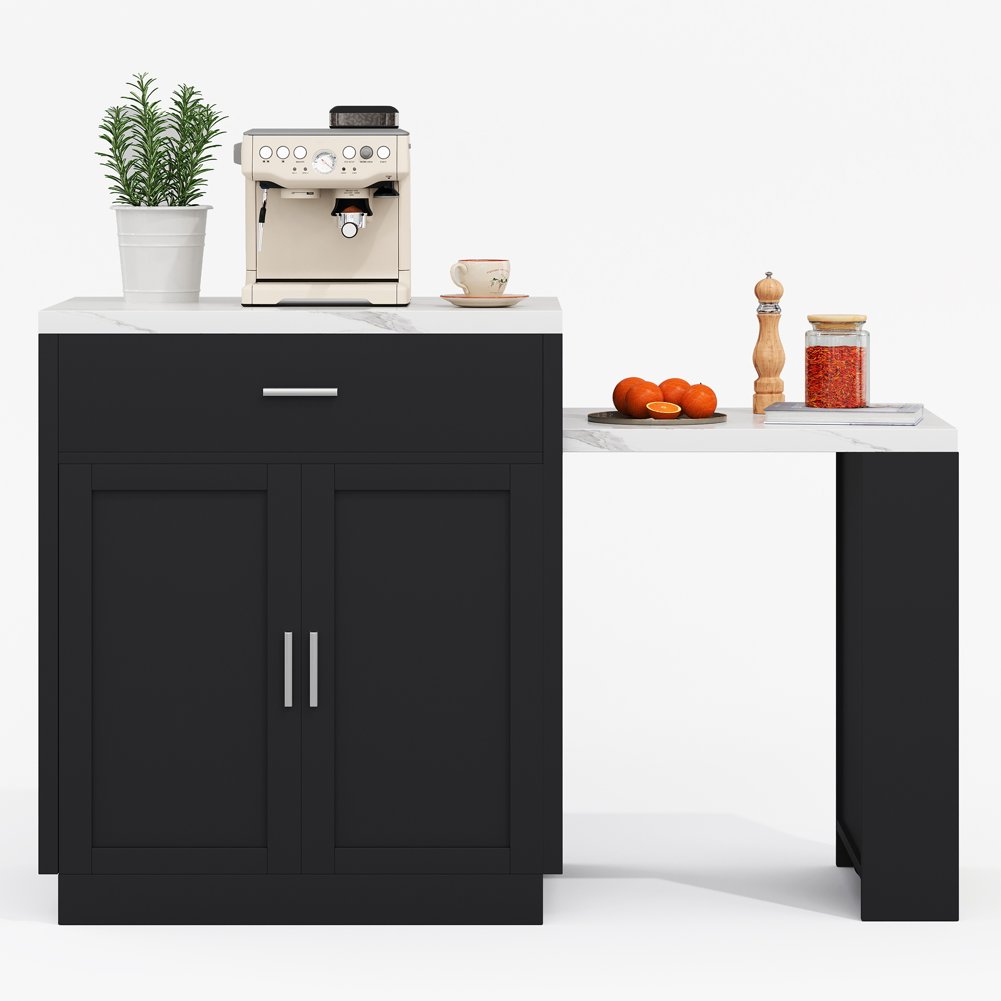 Îlot de cuisine avec table escamotable 131 cm max (2-6 personnes), prise CE 2×220-250V + 2 USB, zone préparation 80×55 cm, pour petit espace, design multifonction, beaucoup de rangement, stabilité, style moderne, fonctionnalité - image 18