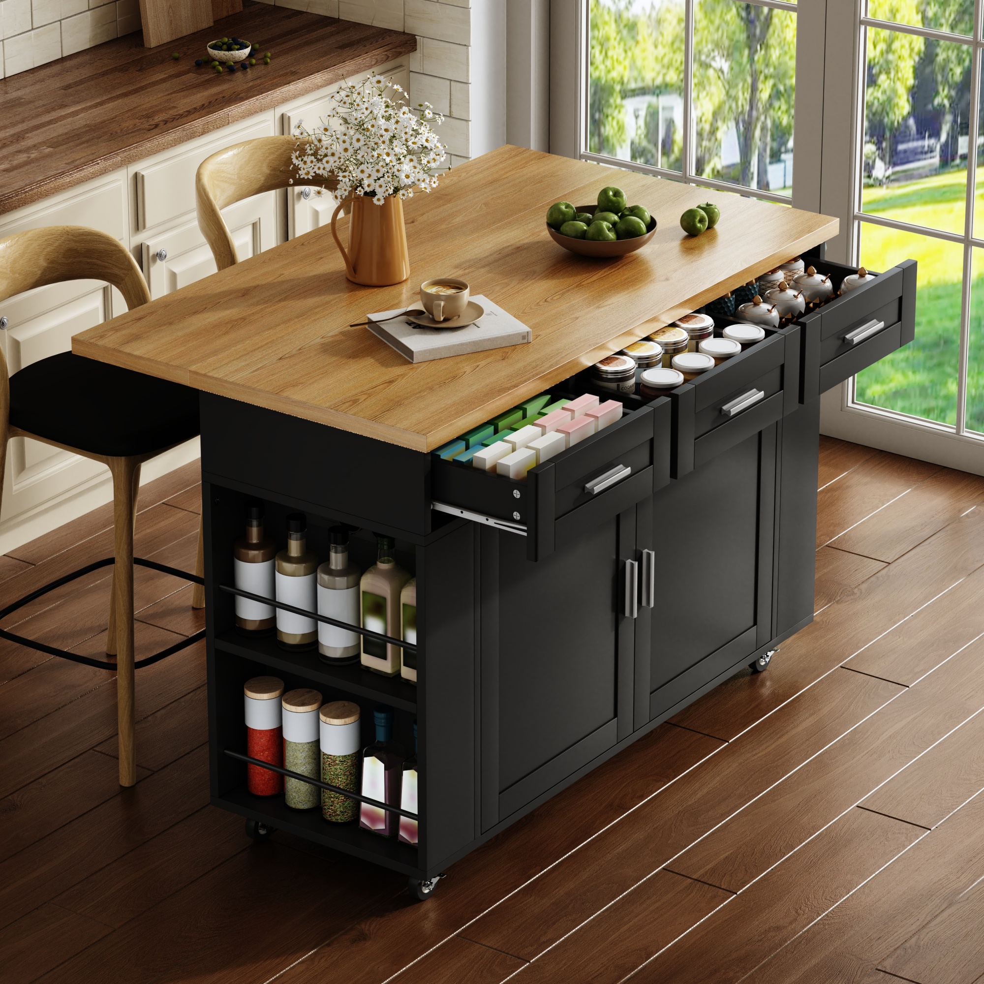 Îlot de cuisine, extensible, pliable, mobile sur roulettes, 120 x 70 x 84 cm, MDF, bois naturel - vue 5