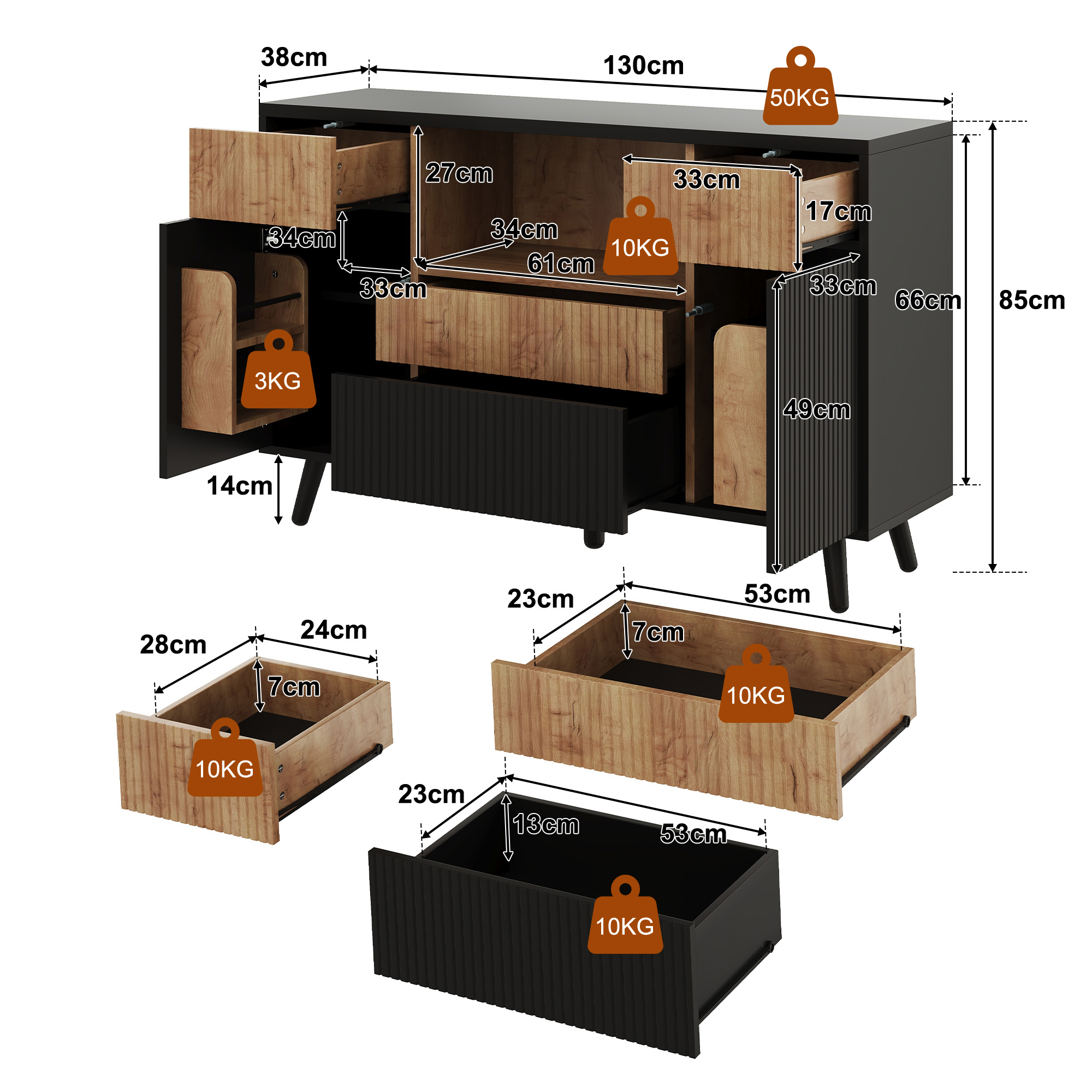 Buffet de cuisine, étagères réglables, 4 tiroirs, 130 x 38 x 85 cm, MDF, bois naturel et noir - vue 3