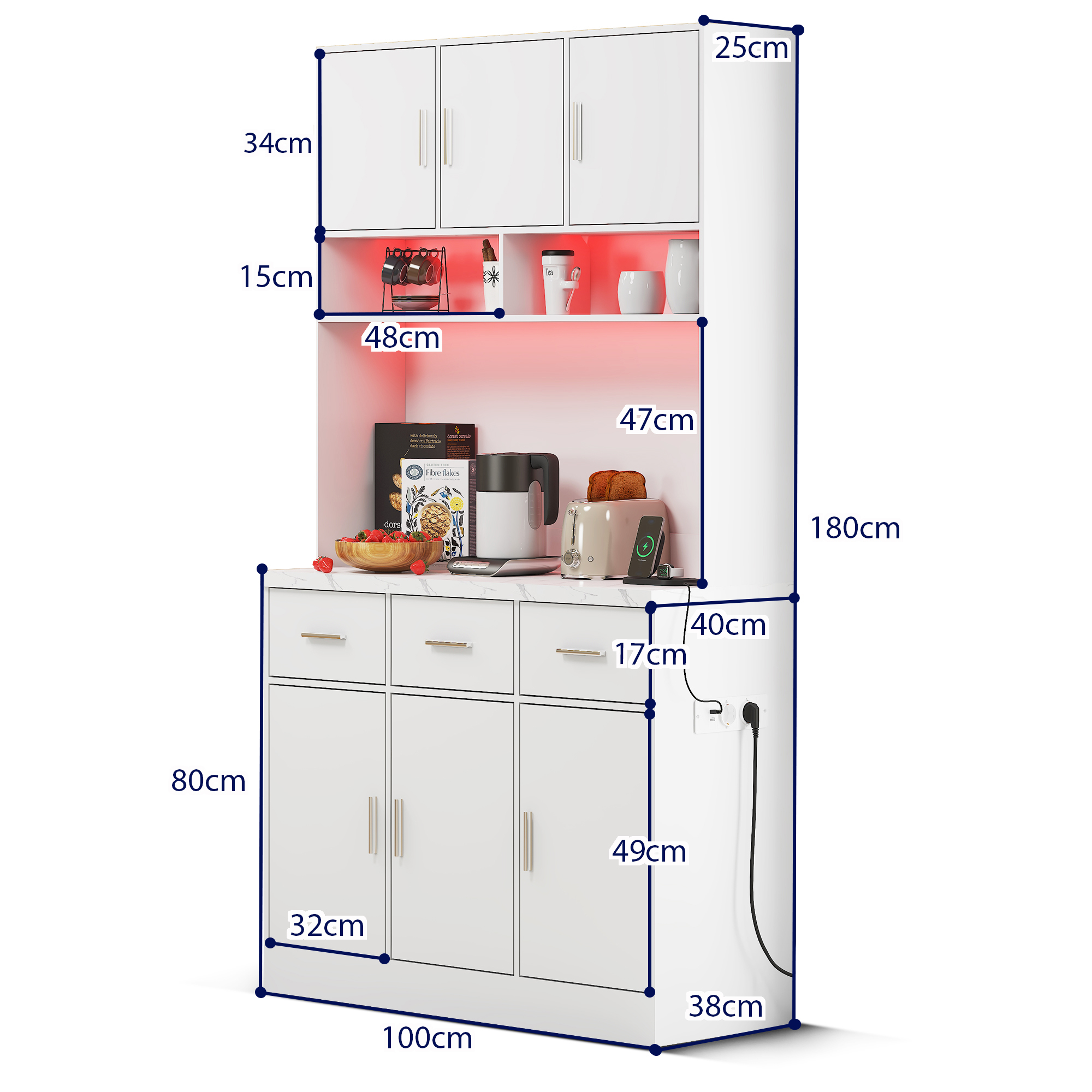 Buffet, avec tiroirs, étagères réglables, éclairage led, 100 x 40 x 180 cm, MDF, blanc - vue 3
