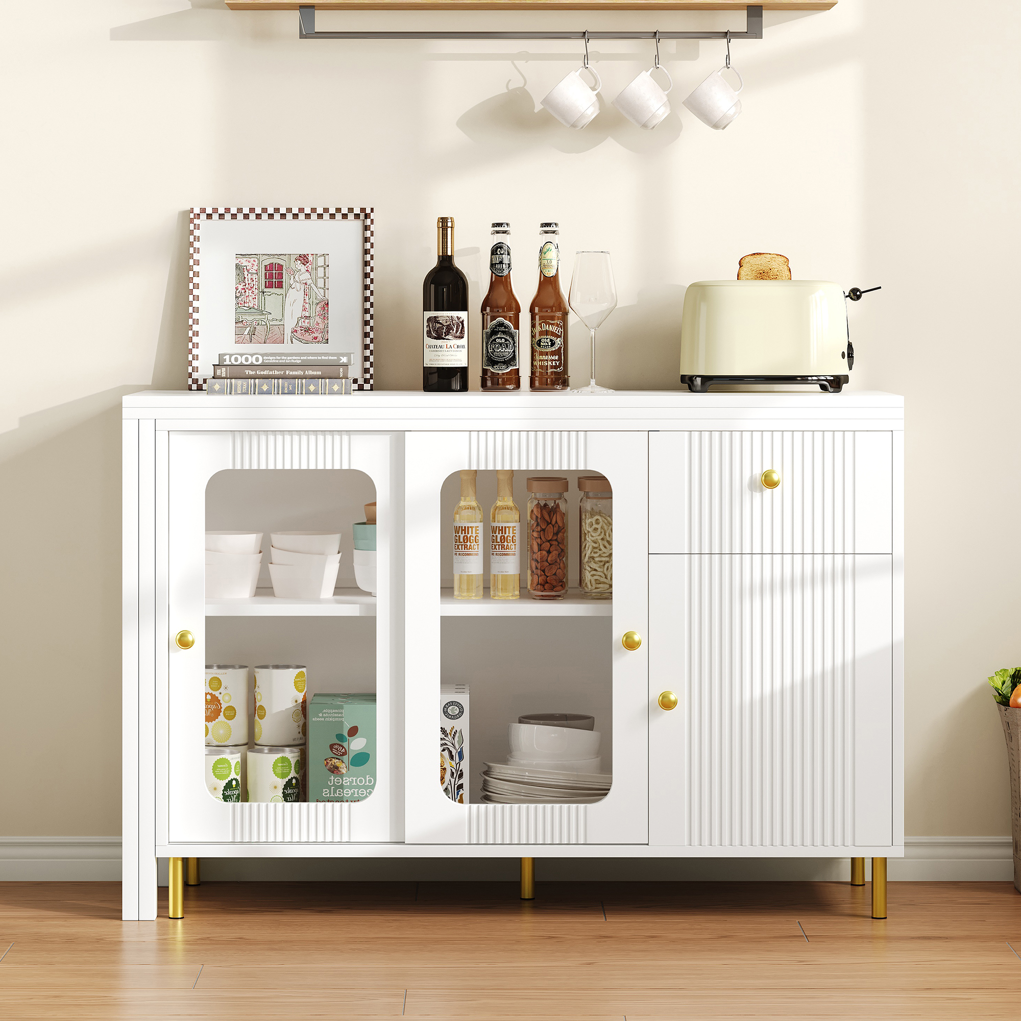 Buffet avec plateau extensible 122×40 à 122×80 cm, armoire blanche pieds métal doré, portes verre trempé, pour salon et salle à manger, design minimaliste, beaucoup de rangement, style élégant, fonctionnalité - image 17