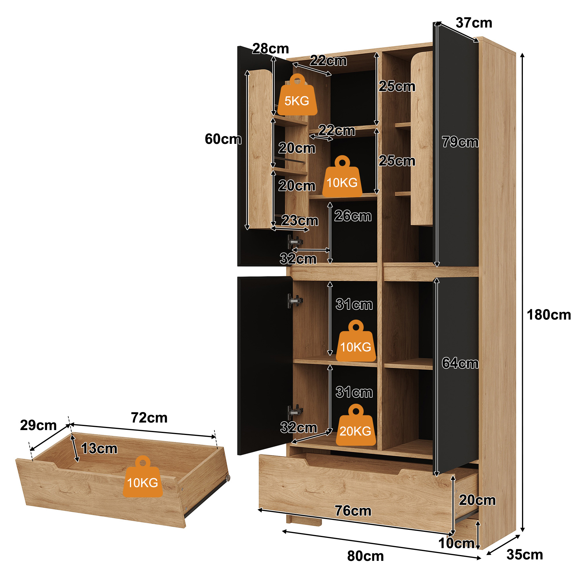 Buffet de cuisine, étagères réglables, 1 tiroir, 80 x 35 x 180 cm, MDF, noir et bois naturel - vue 3
