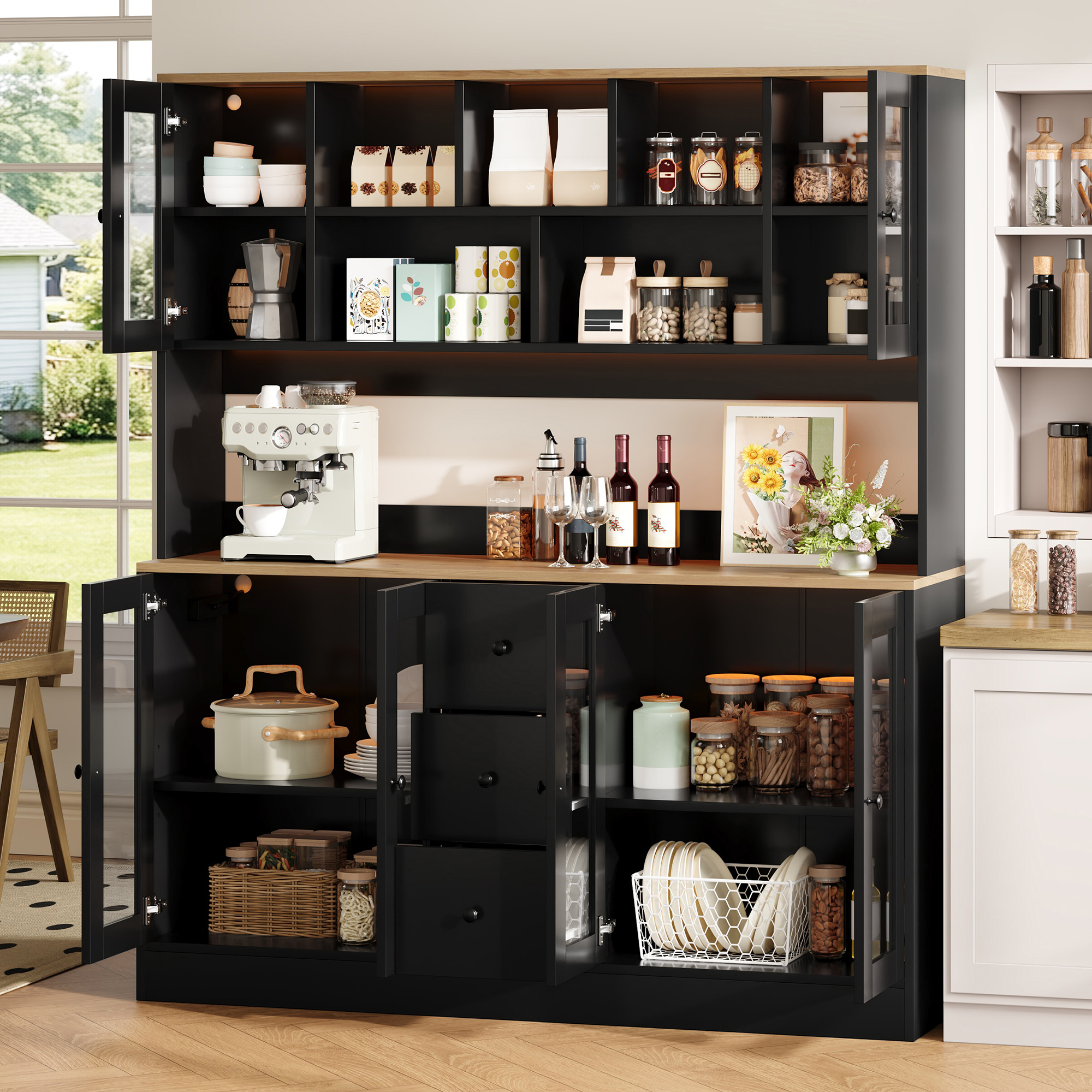 Vitrine, avec tiroirs, éclairage led, prises et recharge intégrées, 150 x 40 x 173 cm, MDF, bois naturel - vue 5