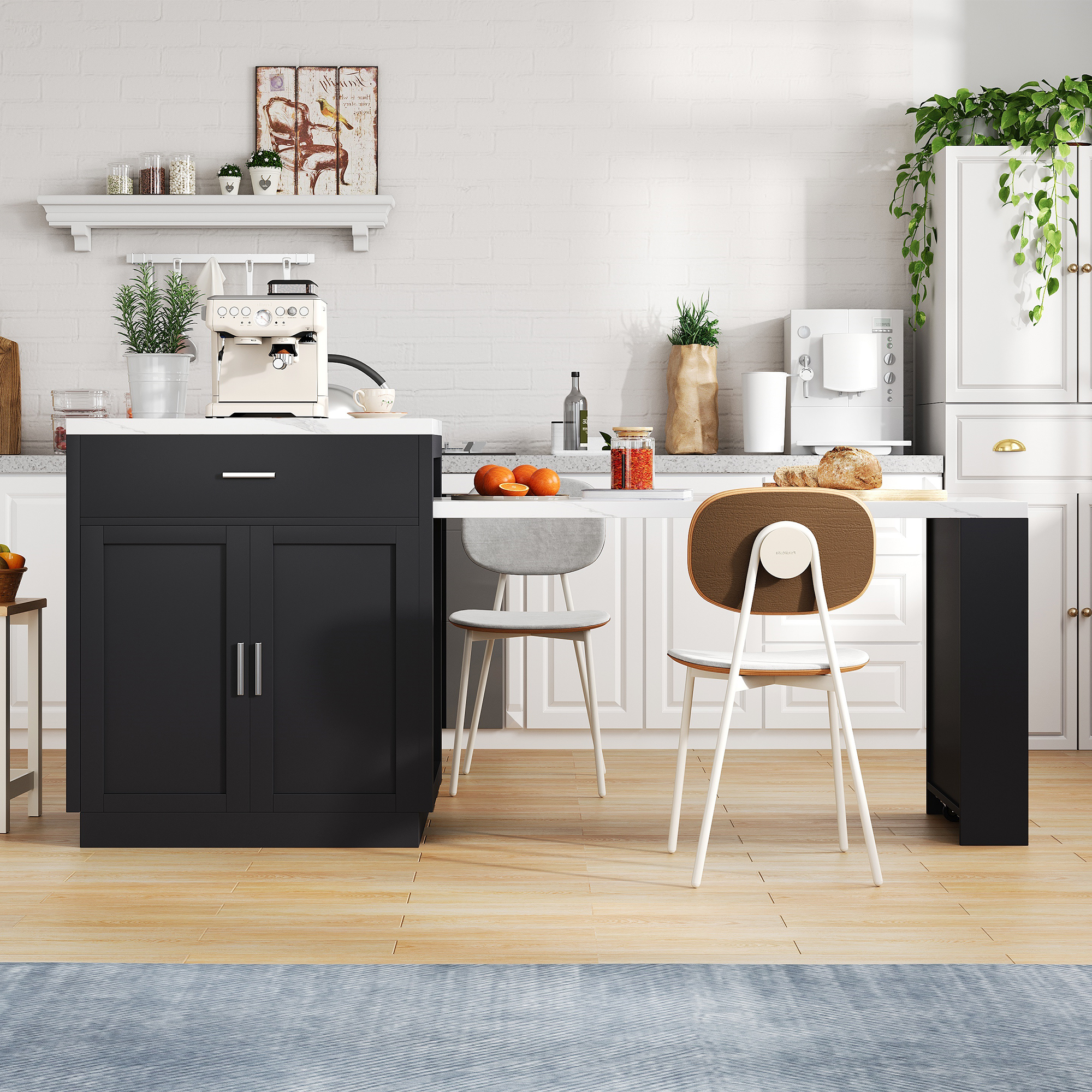 Îlot de cuisine avec table escamotable 131 cm max (2-6 personnes), prise CE 2×220-250V + 2 USB, zone préparation 80×55 cm, pour petit espace, design multifonction, beaucoup de rangement, stabilité, style moderne, fonctionnalité - image 12