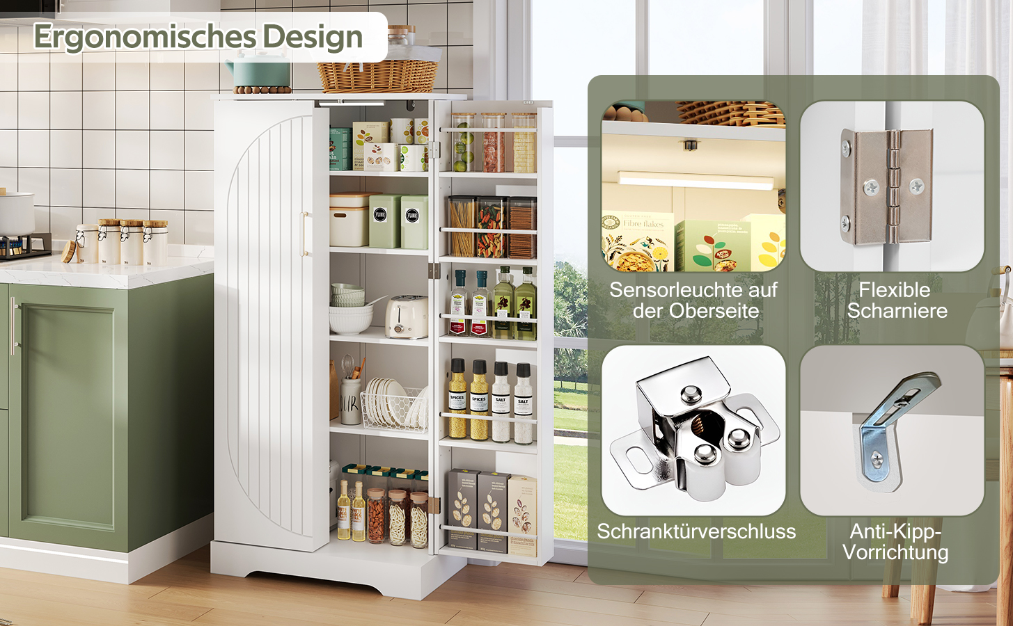 Armoire de cuisine compacte 60×35×128 cm avec LED capteur USB, 5 niveaux intérieurs, portes avec 10 étagères, pour petite cuisine, beaucoup de rangement, éclairage automatique, design moderne, stabilité, fonctionnalité, durabilité - image 13