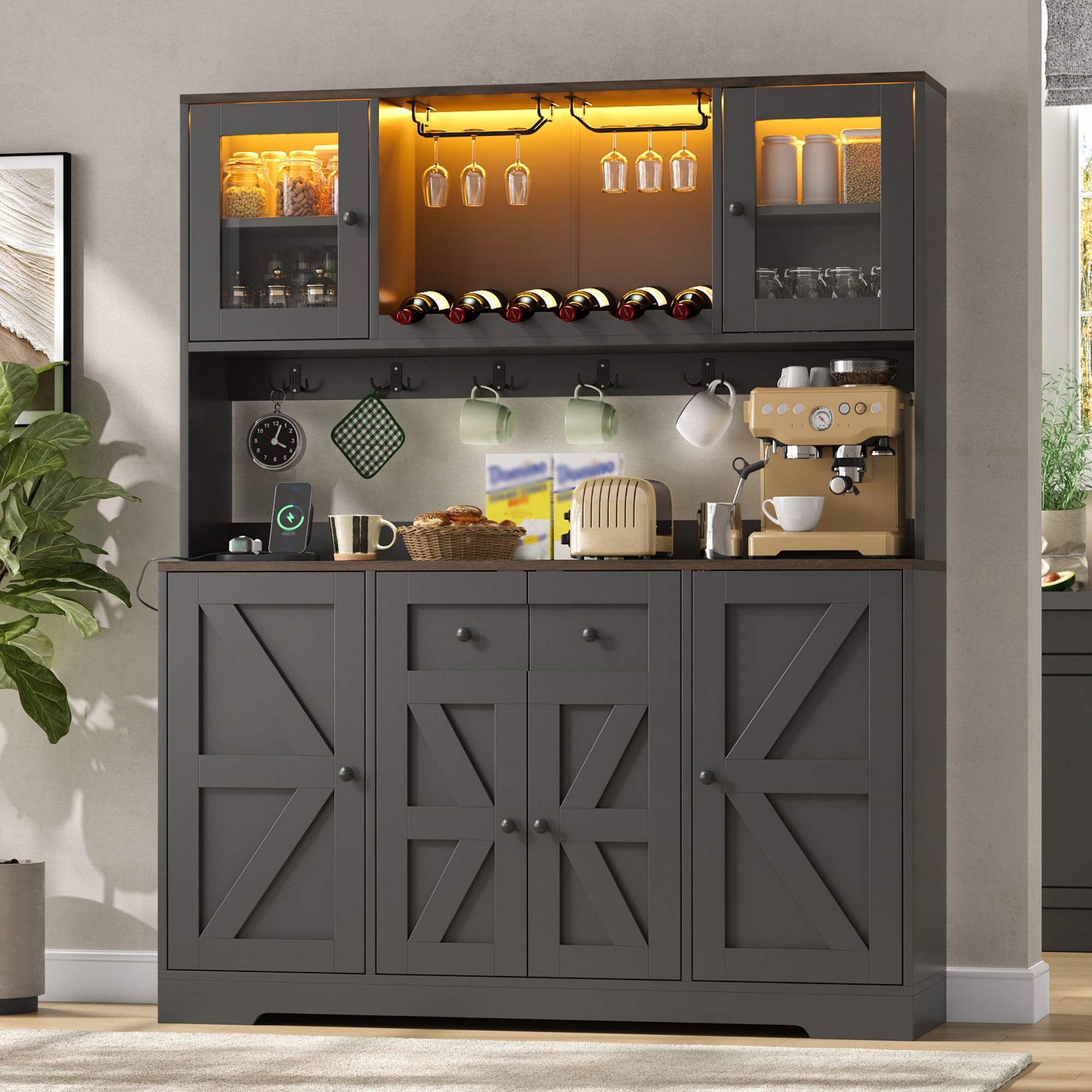 Vitrine, éclairage led, prises et recharge intégrées, éléments en verre, 140 x 40 x 173 cm, verre et MDF, noir - vue 1
