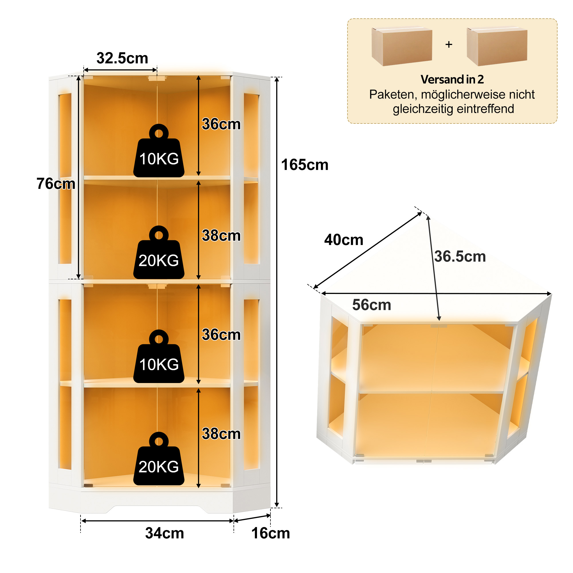Vitrine, éclairage led, prises et recharge intégrées, 60 x 60 x 165 cm, verre et MDF, blanc - vue 1