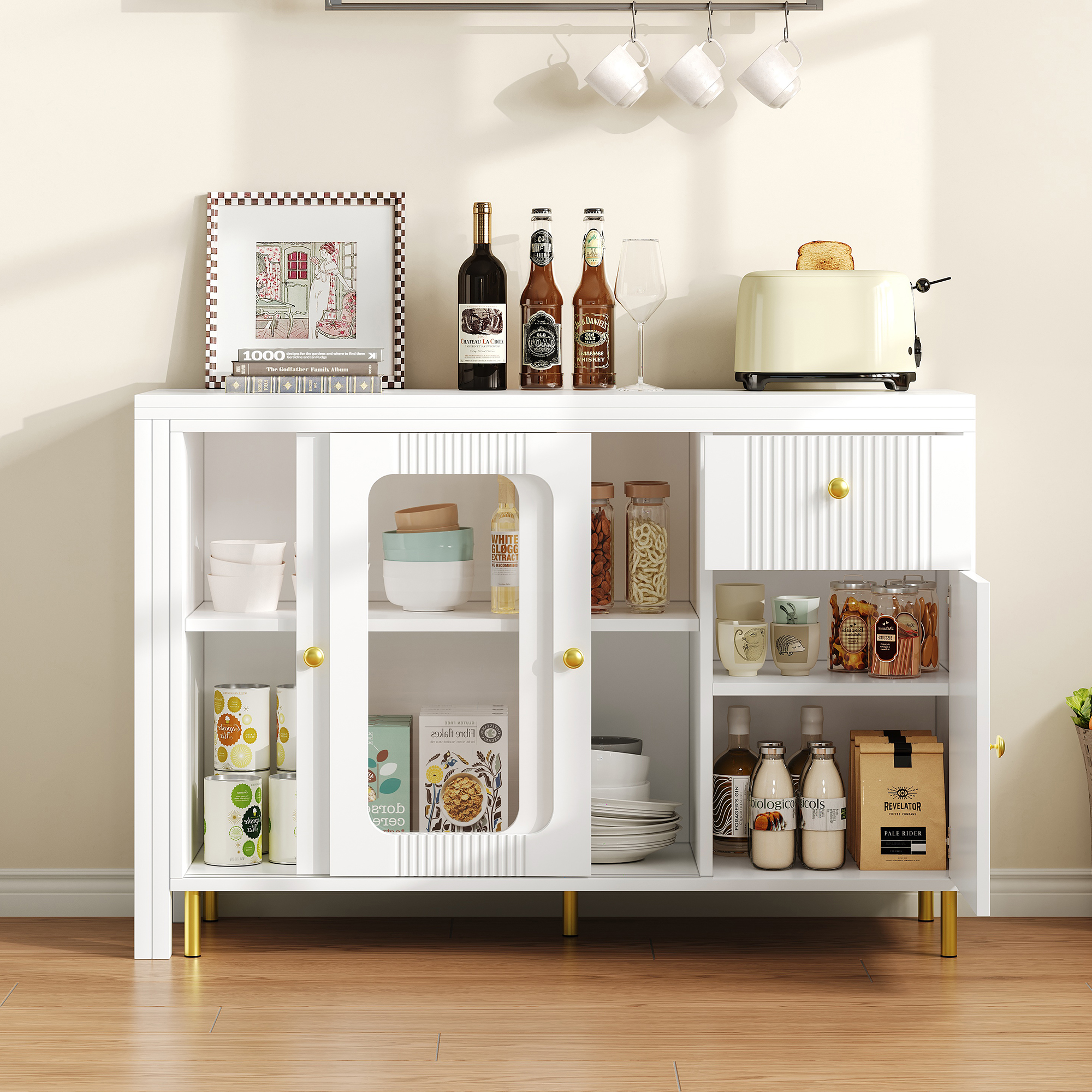Buffet avec plateau extensible 122×40 à 122×80 cm, armoire blanche pieds métal doré, portes verre trempé, pour salon et salle à manger, design minimaliste, beaucoup de rangement, style élégant, fonctionnalité - image 18