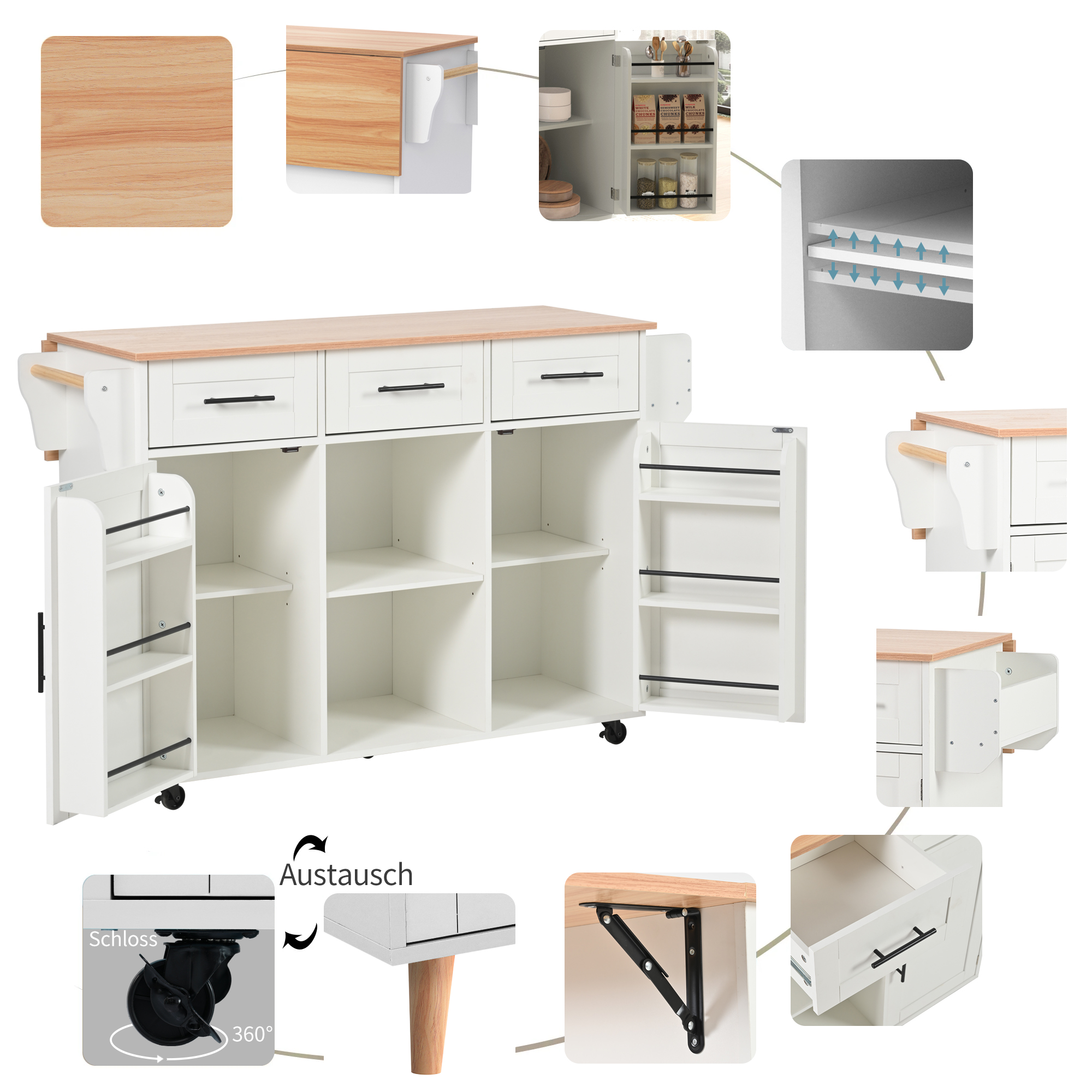 Buffet, pliable, mobile sur roulettes, 139 x 46 x 91,5 cm, bois massif, blanc - vue 1