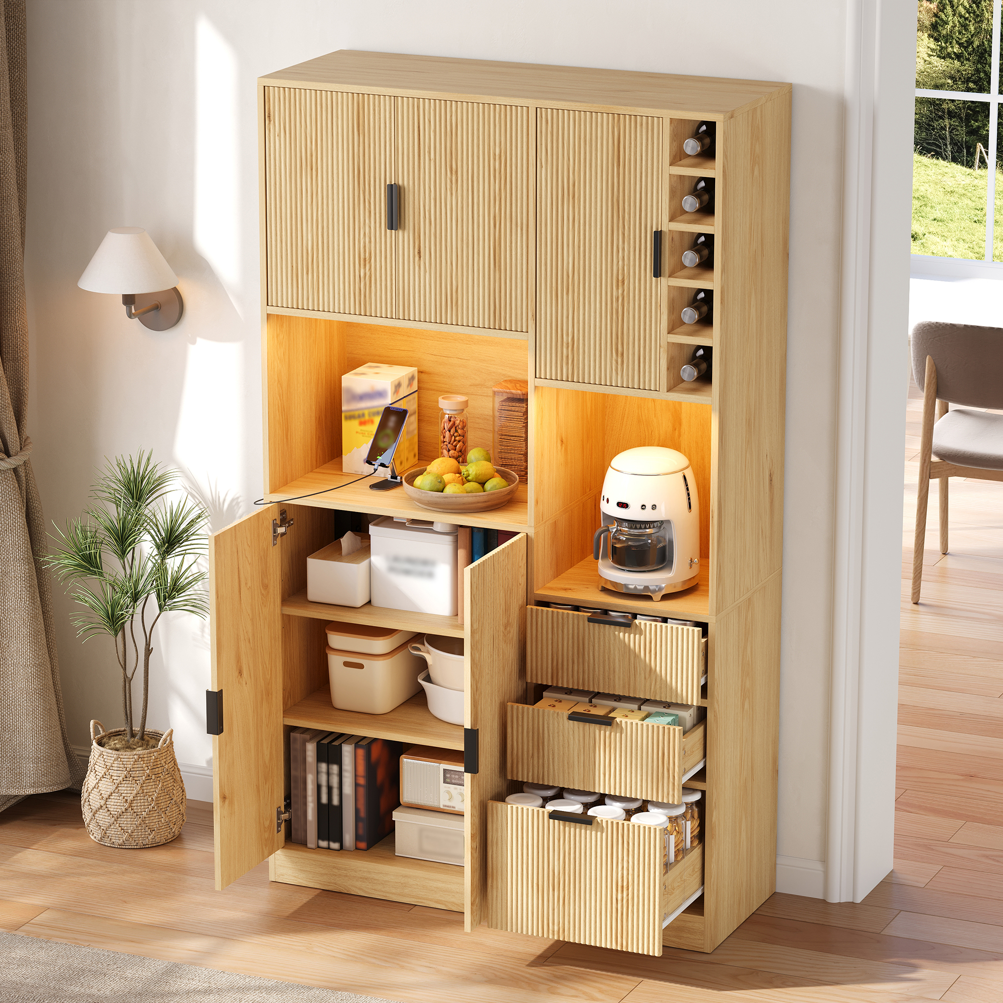 Meuble bar à vin, éclairage LED, étagères réglables, prises intégrées, rangement à vin, 105 x 40 x 180 cm, MDF, bois naturel - vue 7