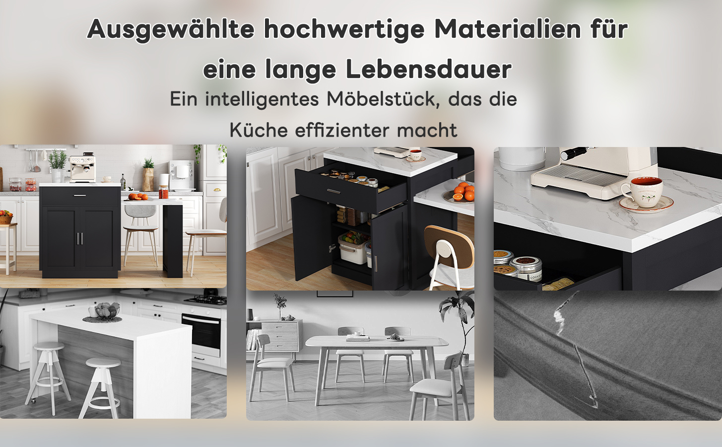 Îlot de cuisine avec table escamotable 131 cm max (2-6 personnes), prise CE 2×220-250V + 2 USB, zone préparation 80×55 cm, pour petit espace, design multifonction, beaucoup de rangement, stabilité, style moderne, fonctionnalité - image 7
