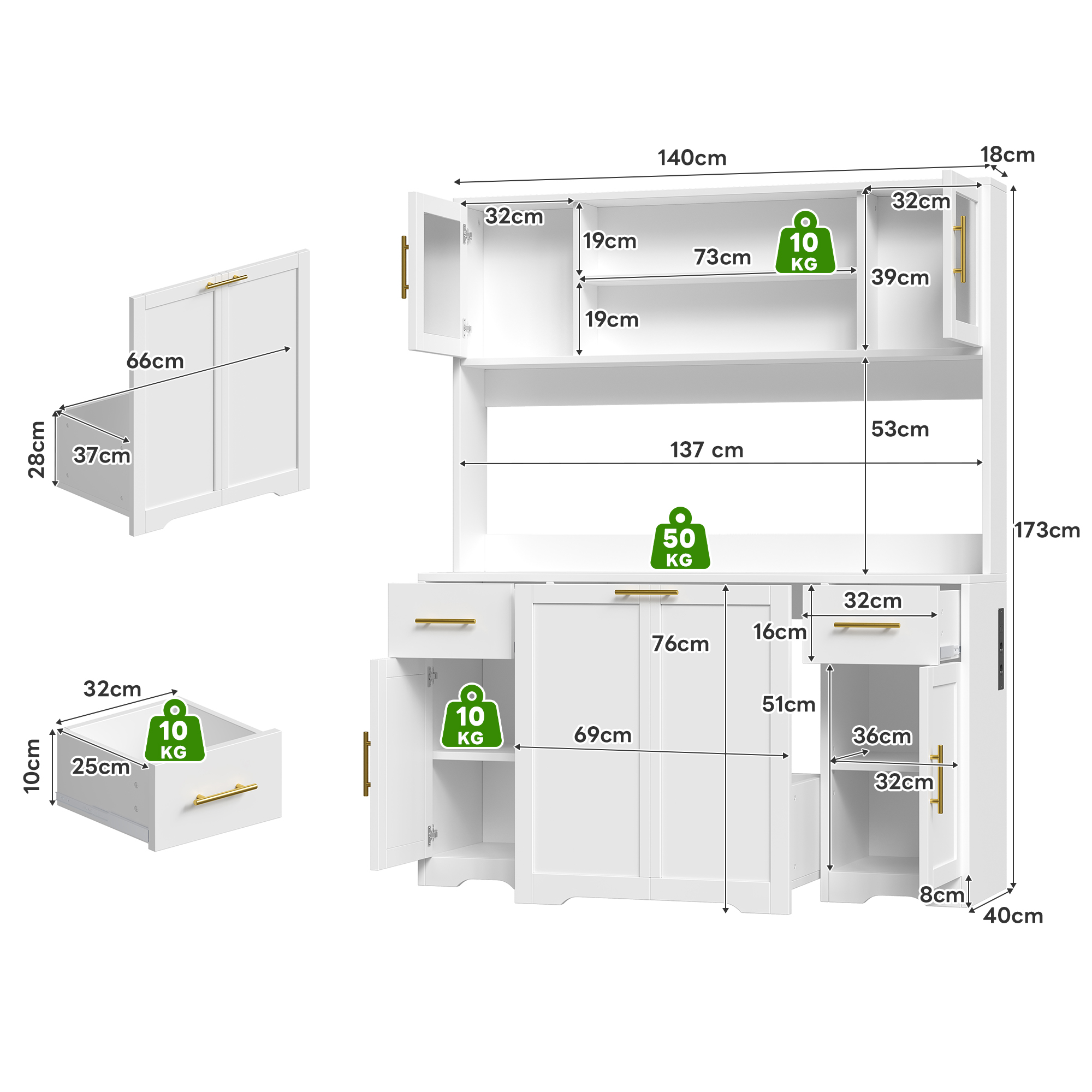 Vitrine, extensible, rangement intégré, avec tiroirs, 140 x 40 x 173 cm, MDF, blanc - vue 4