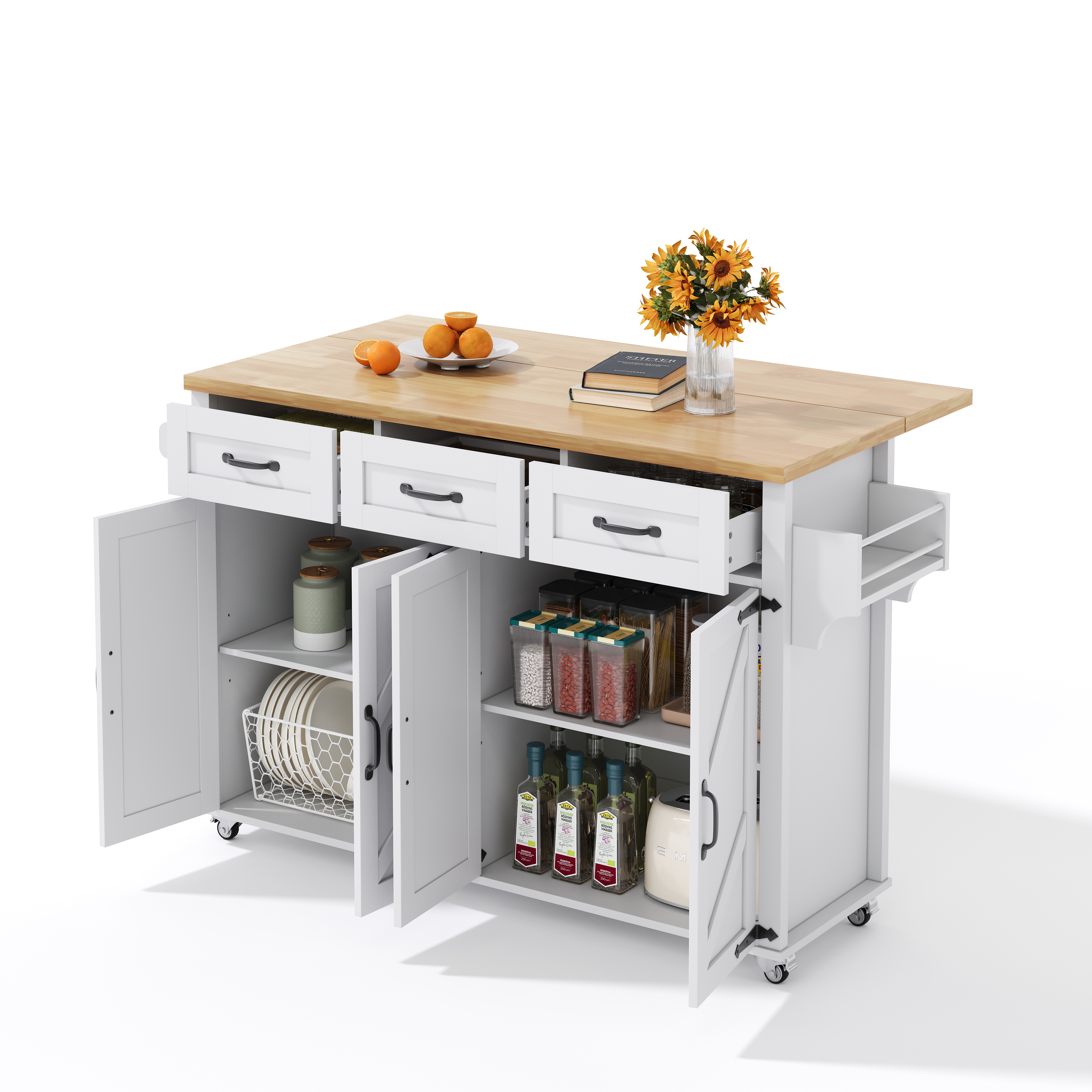 Îlot de cuisine, pliable, mobile sur roulettes, avec tiroirs, 140 x 70 x 90,5 cm, MDF, bois naturel - vue 2
