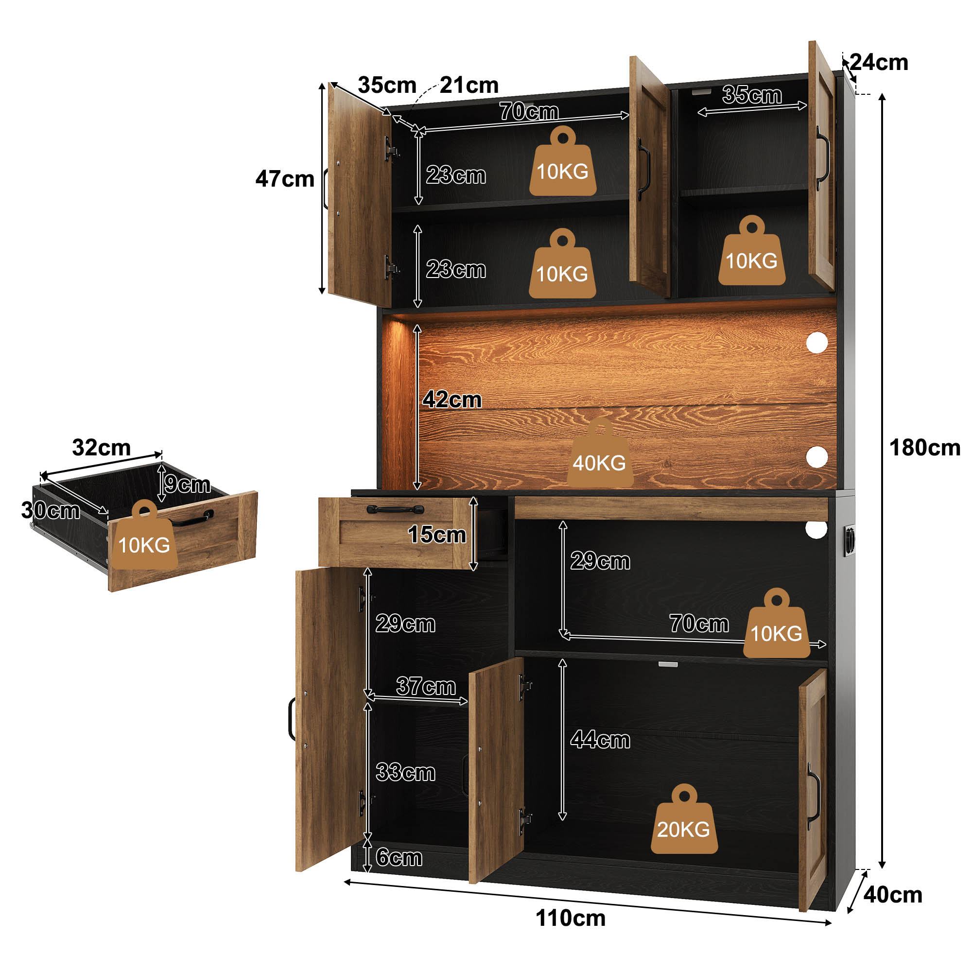 Vitrine, avec tiroirs, éclairage led, prises et recharge intégrées, 110 x 40 x 180 cm, MDF, bois naturel - vue 3