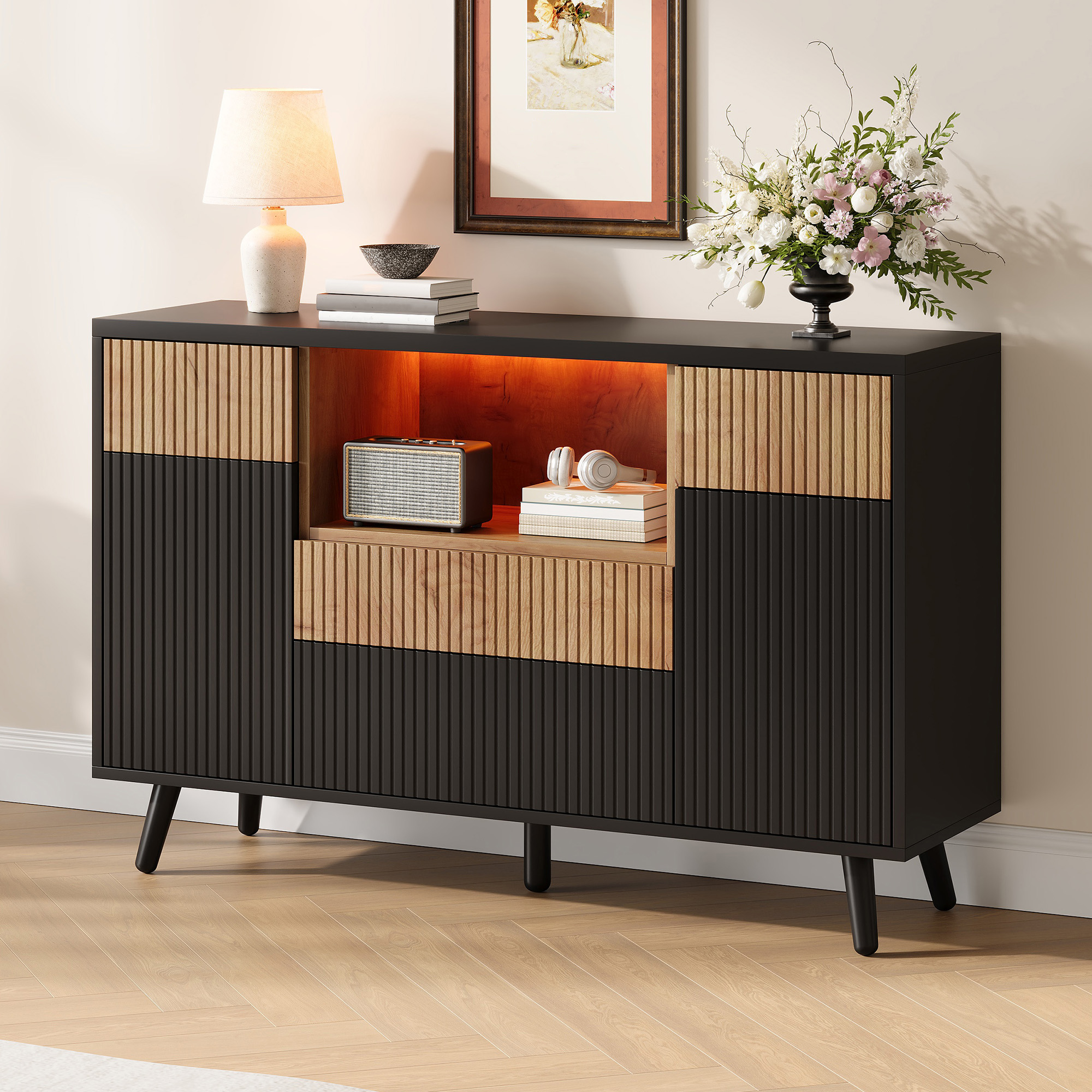 Buffet de cuisine, étagères réglables, 4 tiroirs, 130 x 38 x 85 cm, MDF, bois naturel et noir - vue 1