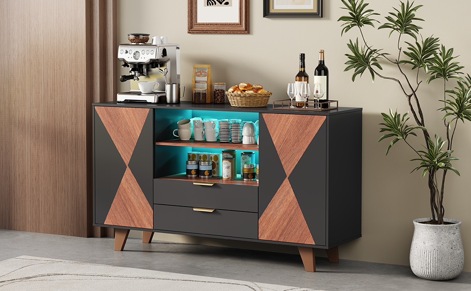 Küchenschrank, Sideboard mit LED-Beleuchtung, Schu