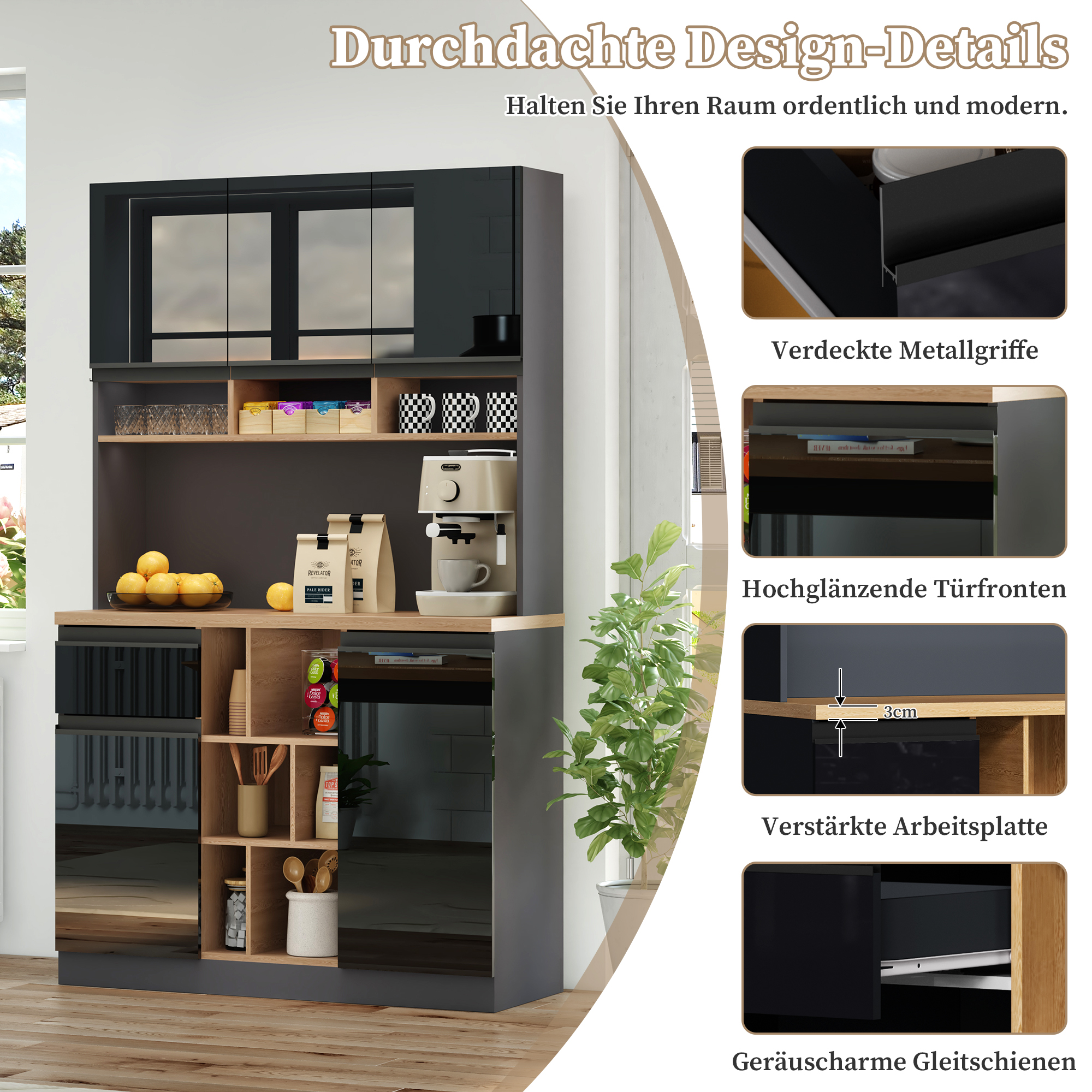 Buffet, rangement intégré, avec tiroirs, étagères réglables, 105 x 45 x 185 cm, métal et MDF, noir - vue 3