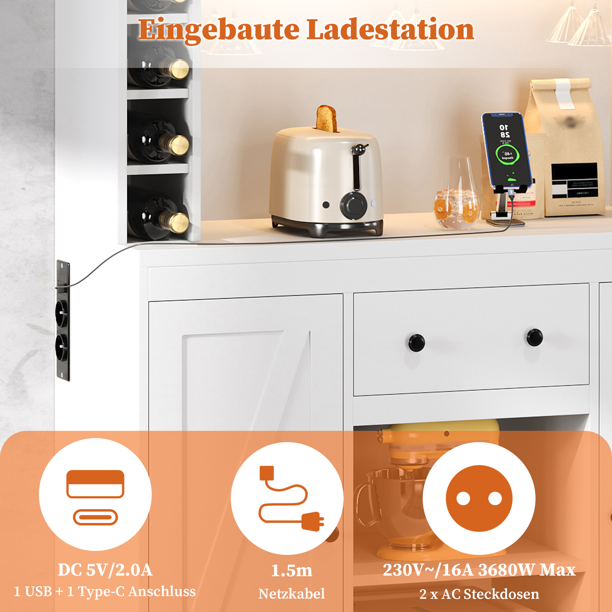 Buffet de rangement, avec tiroirs, étagères réglables, éclairage led, 105 x 40 x 180 cm, acier et verre, blanc - vue 3