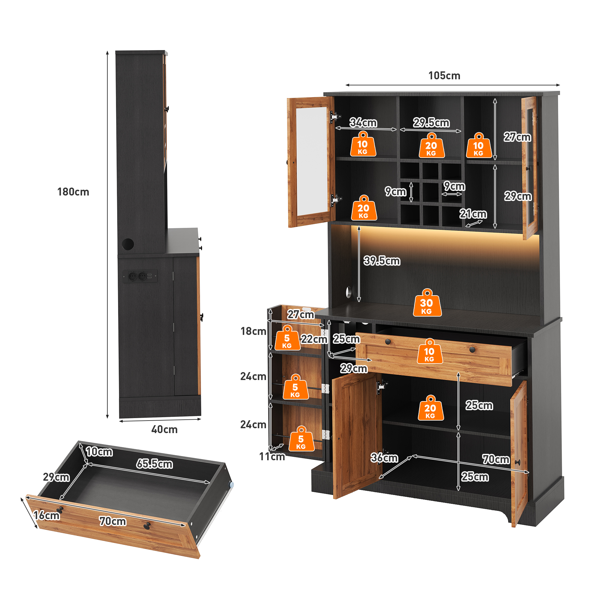 buffet cuisine dimensions 180×105×40 cm, grand volume de rangement