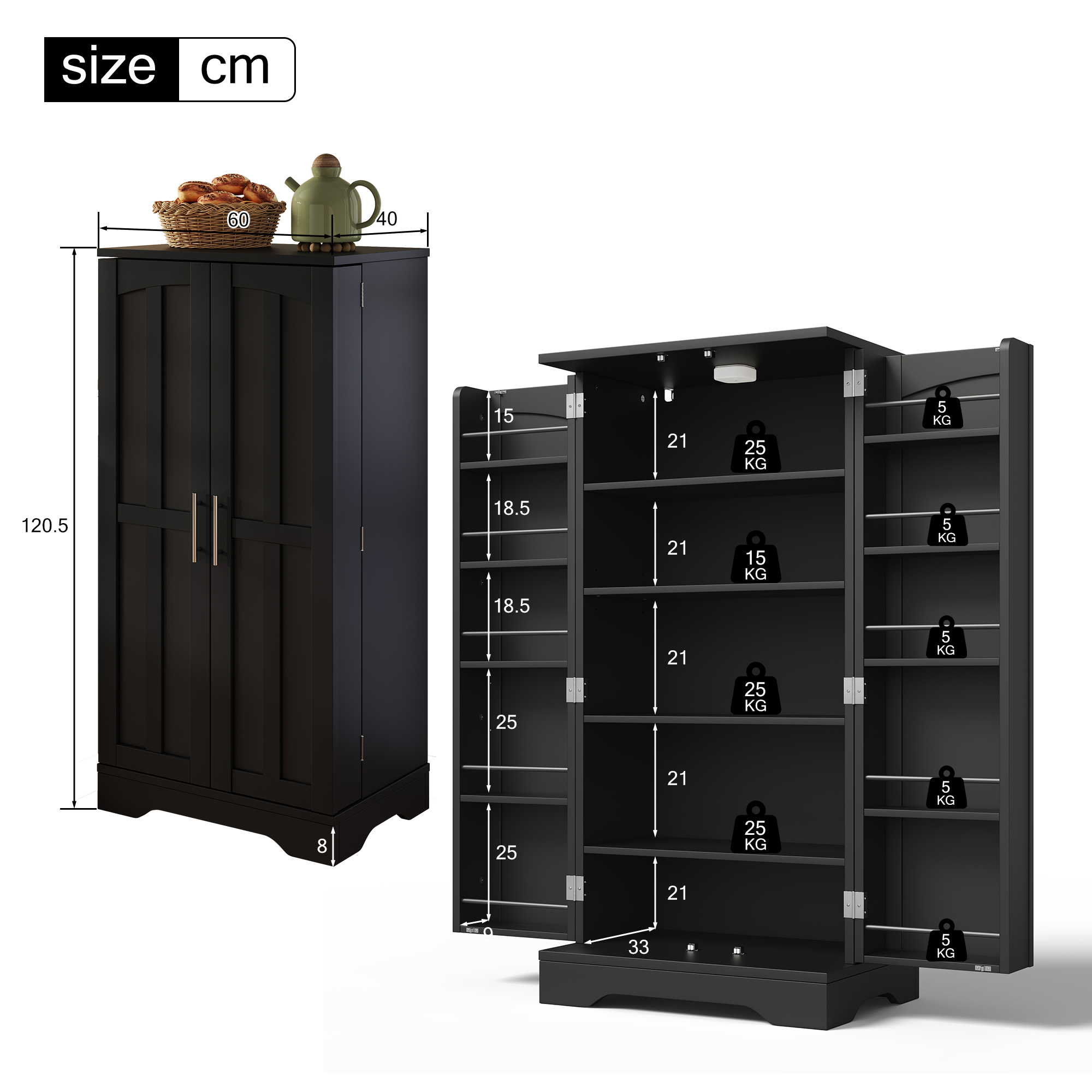 Buffet de rangement, étagères réglables, éclairage led, 60 x 40 x 120 cm, MDF, noir - vue 3