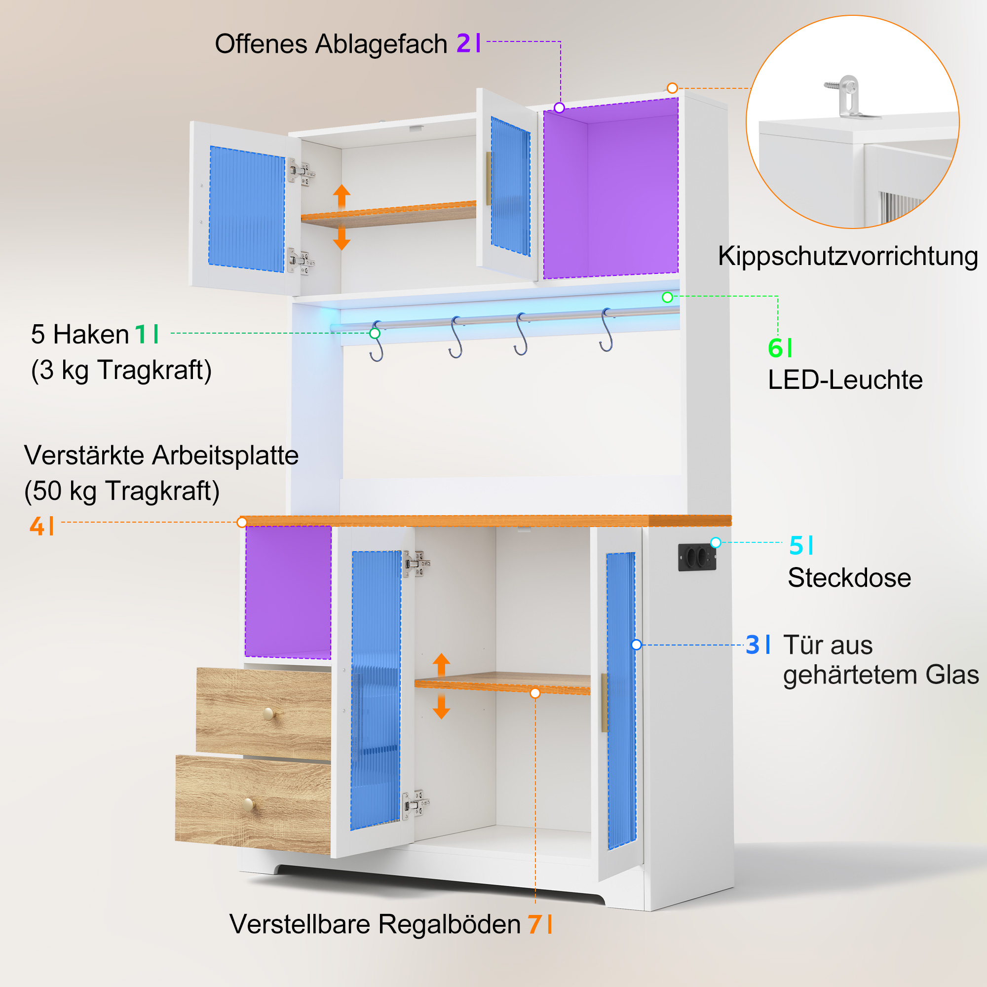 178 cm Küchenschrank, Hochschrank mit LED, Küchenr