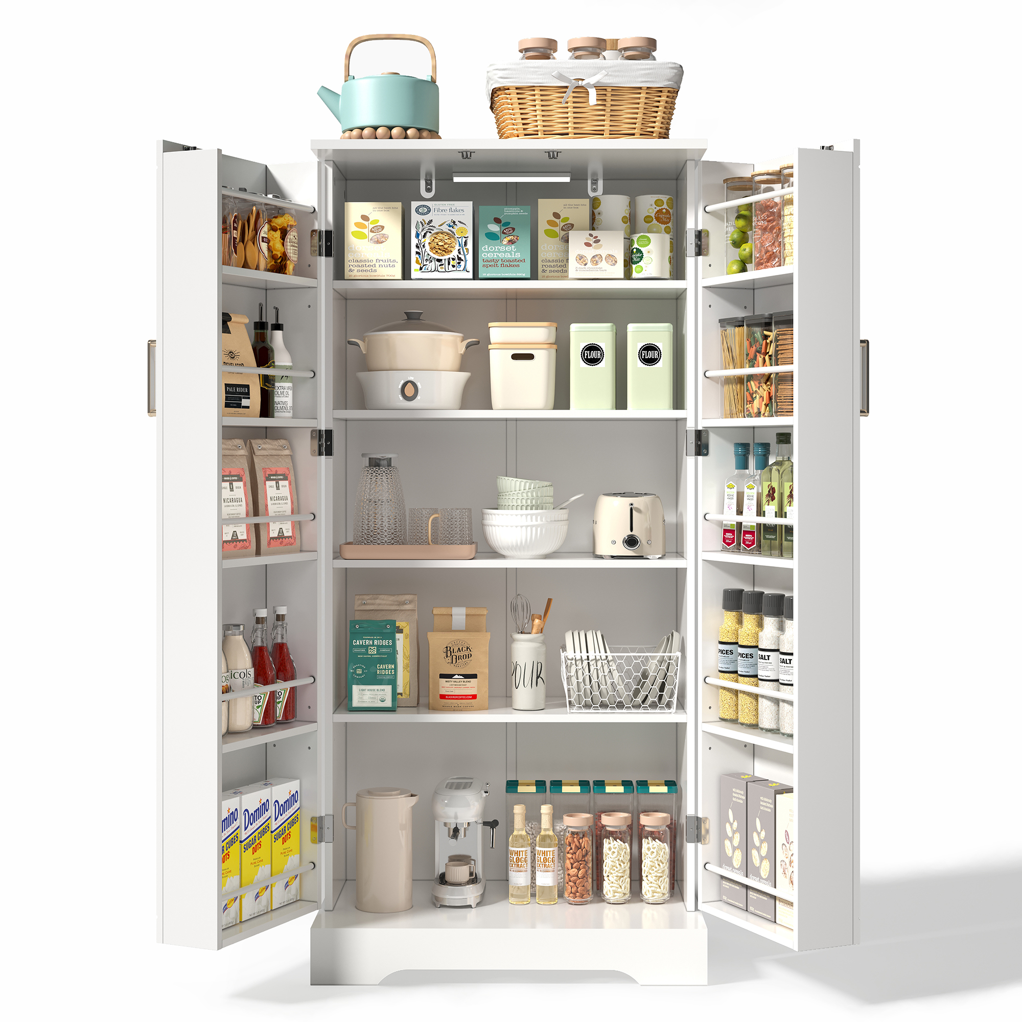 Armoire de cuisine compacte 60×35×128 cm avec LED capteur USB, 5 niveaux intérieurs, portes avec 10 étagères, pour petite cuisine, beaucoup de rangement, éclairage automatique, design moderne, stabilité, fonctionnalité, durabilité - image 20