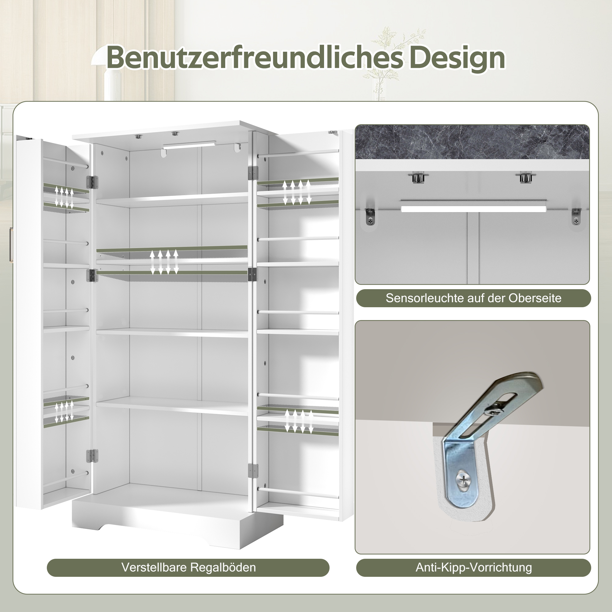 Armoire de cuisine compacte 60×35×128 cm avec LED capteur USB, 5 niveaux intérieurs, portes avec 10 étagères, pour petite cuisine, beaucoup de rangement, éclairage automatique, design moderne, stabilité, fonctionnalité, durabilité - image 6