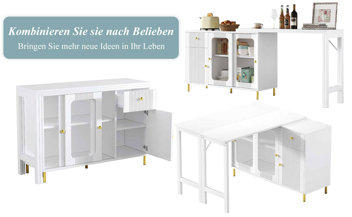 Buffet avec plateau extensible 122×40 à 122×80 cm, armoire blanche pieds métal doré, portes verre trempé, pour salon et salle à manger, design minimaliste, beaucoup de rangement, style élégant, fonctionnalité - image 9