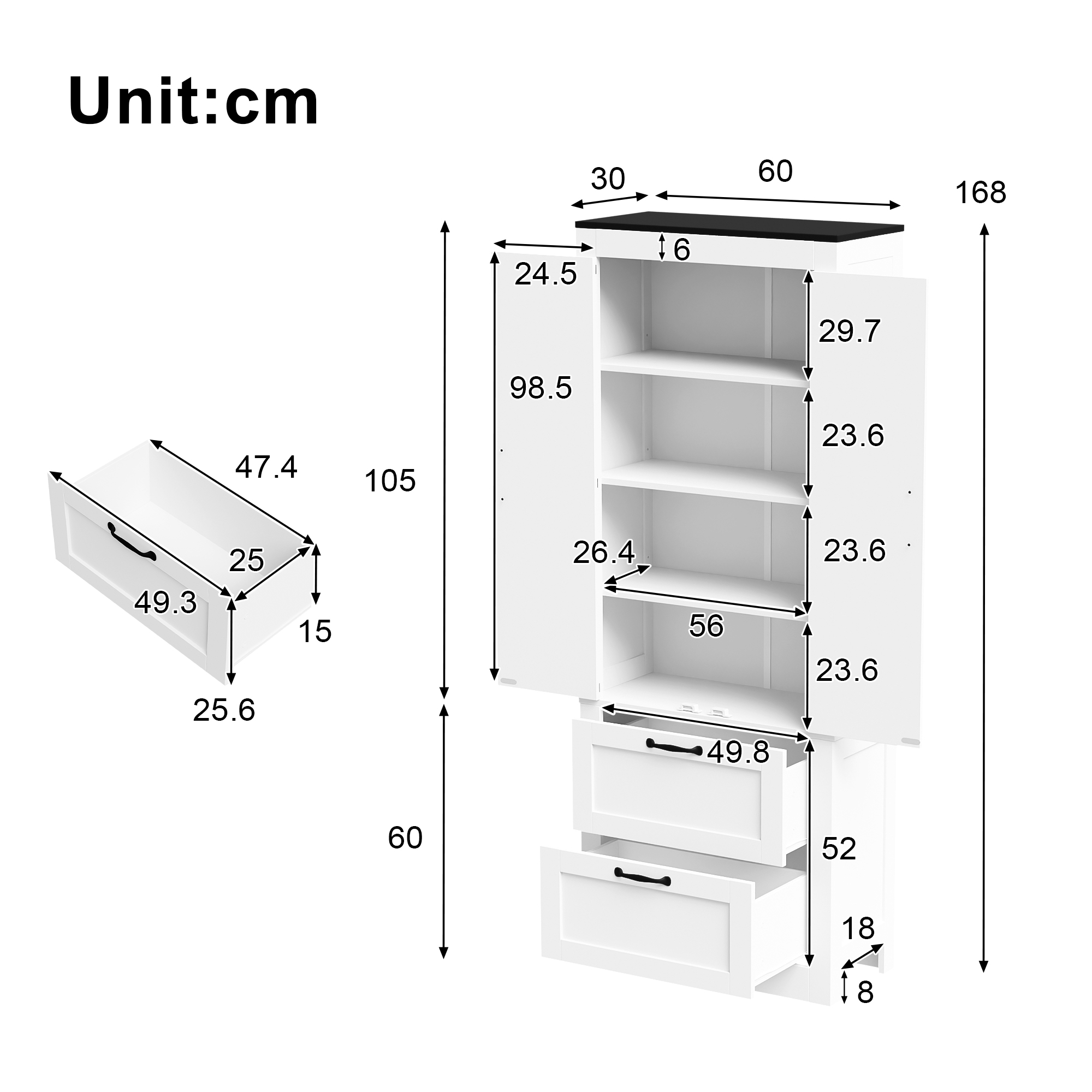 Buffet de rangement, avec tiroirs, étagères réglables, 60 x 30 x 168 cm, MDF, blanc - vue 2