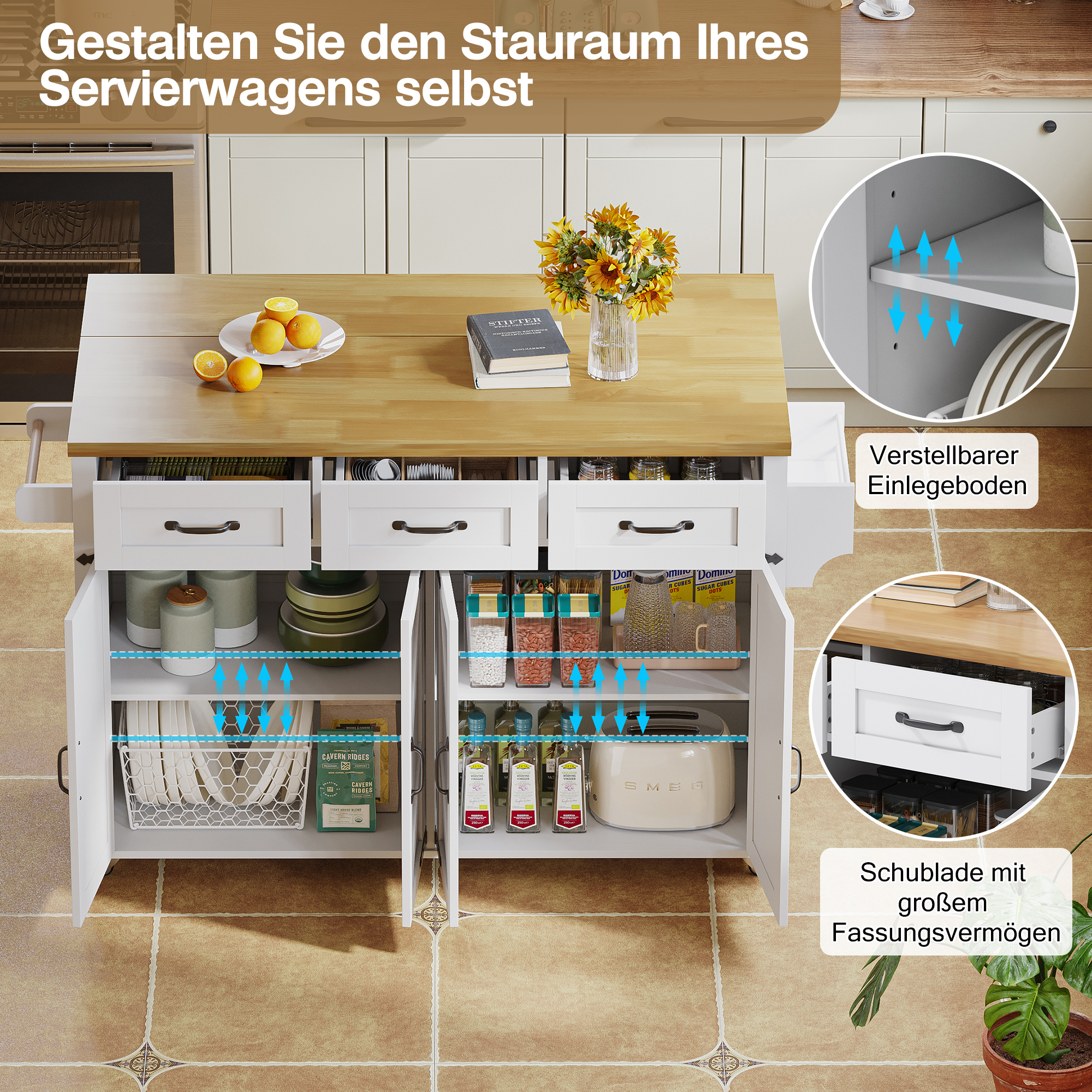 Kücheninsel mit klappbarer Arbeitsplatte, ausgesta