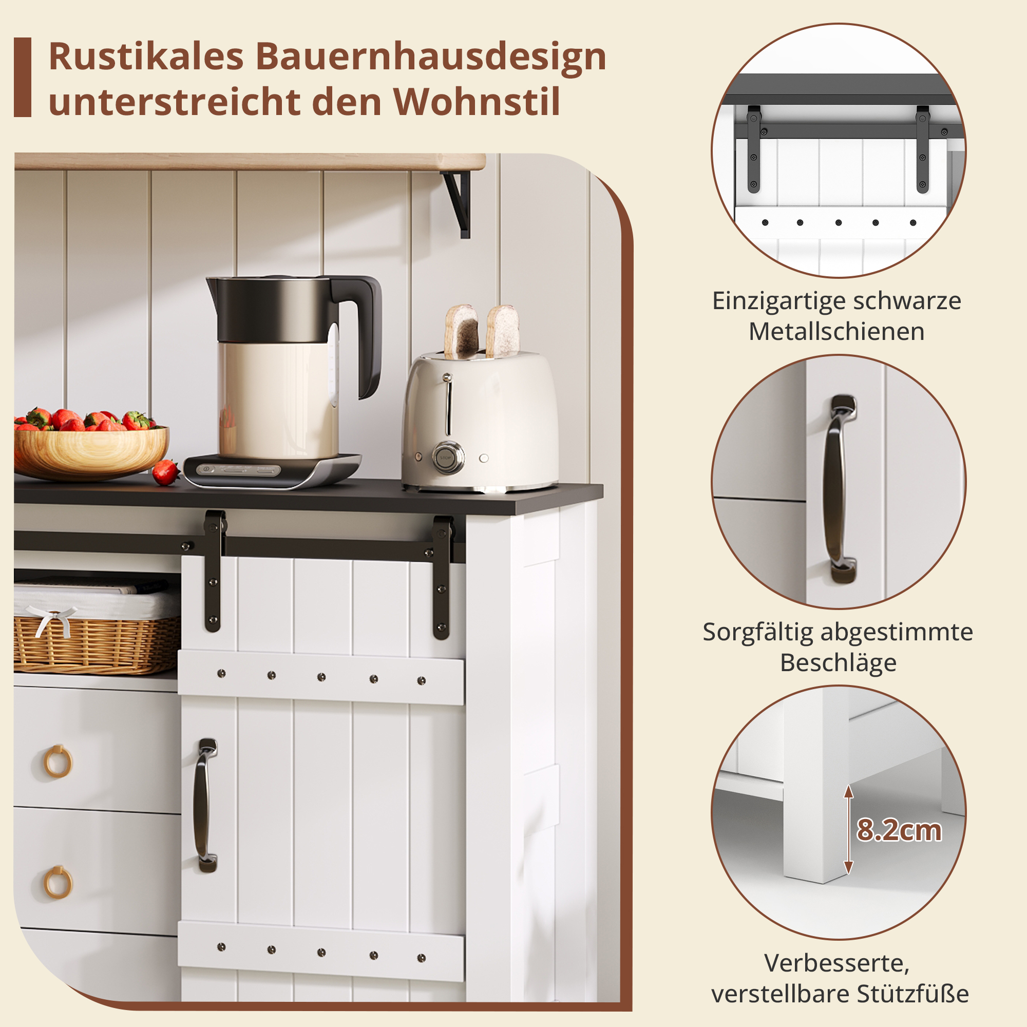 Buffet de cuisine, rangement intégré, 3 tiroirs, 120 x 40 x 80 cm, MDF, blanc - vue 3