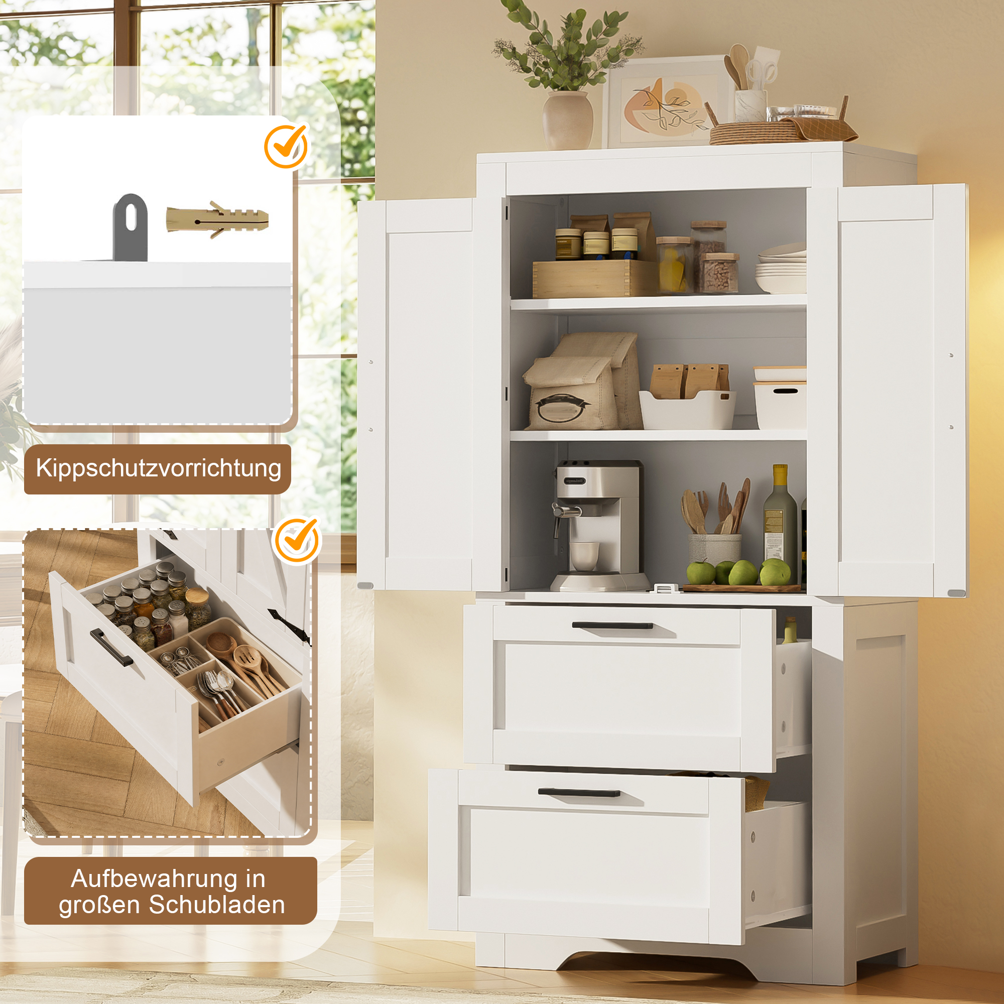 Buffet de rangement, avec tiroirs, étagères réglables, 60 x 30 x 128 cm, MDF, blanc - vue 3