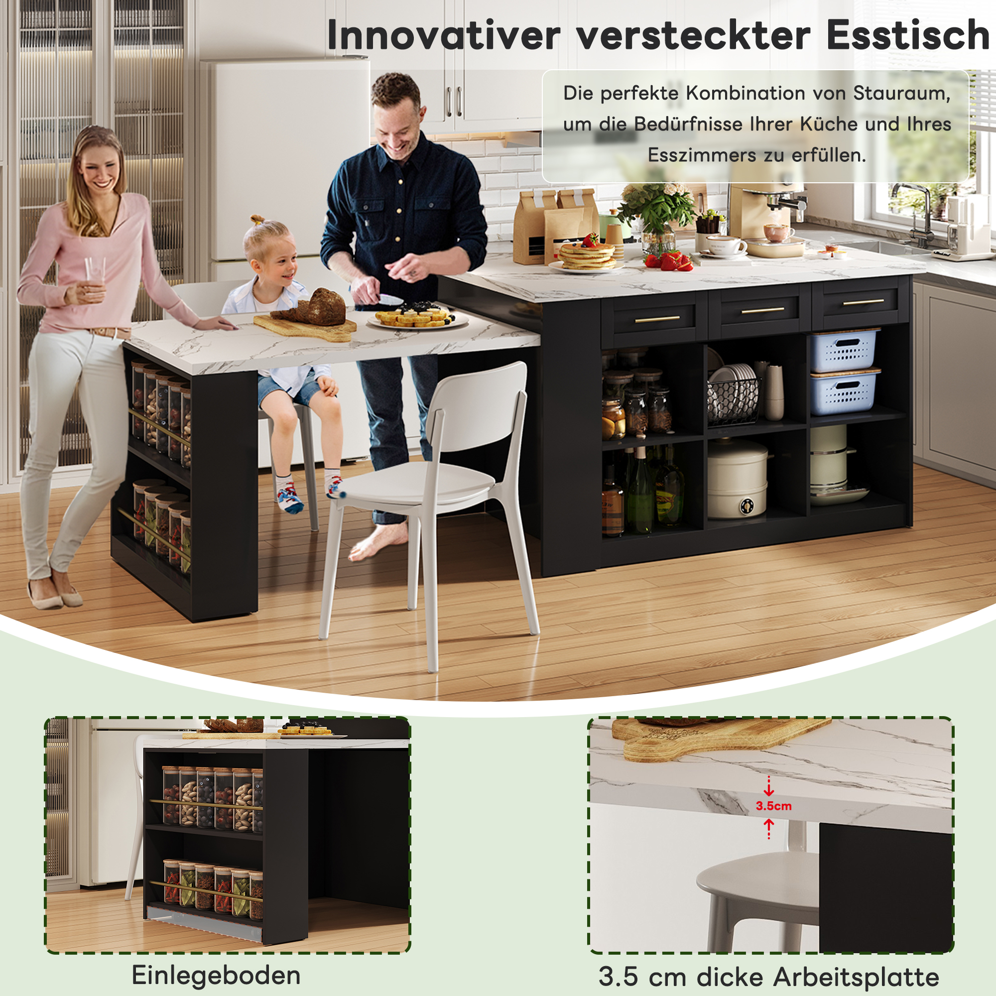 Multifunktionale Kücheninsel mit 150cm+96cm, schwa