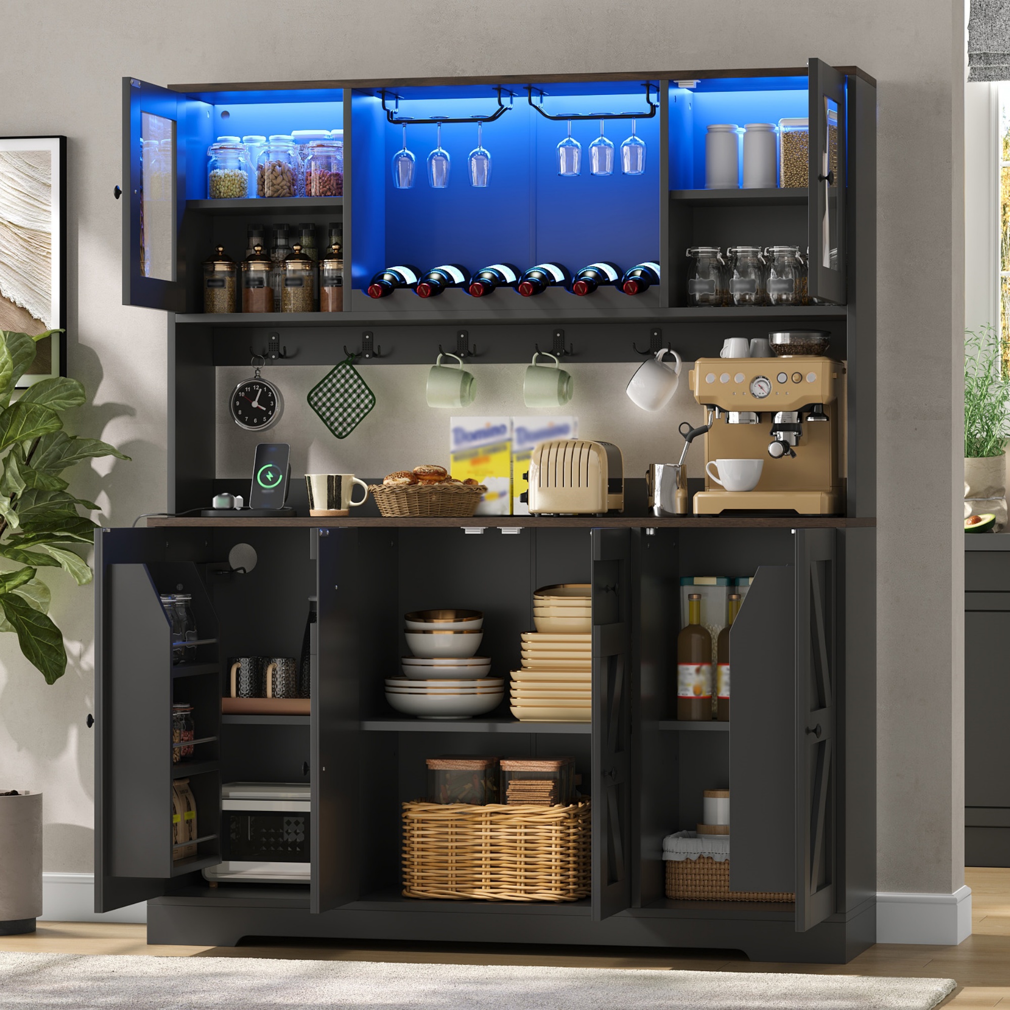 Vitrine, éclairage led, prises et recharge intégrées, éléments en verre, 140 x 40 x 173 cm, verre et MDF, noir - vue 5