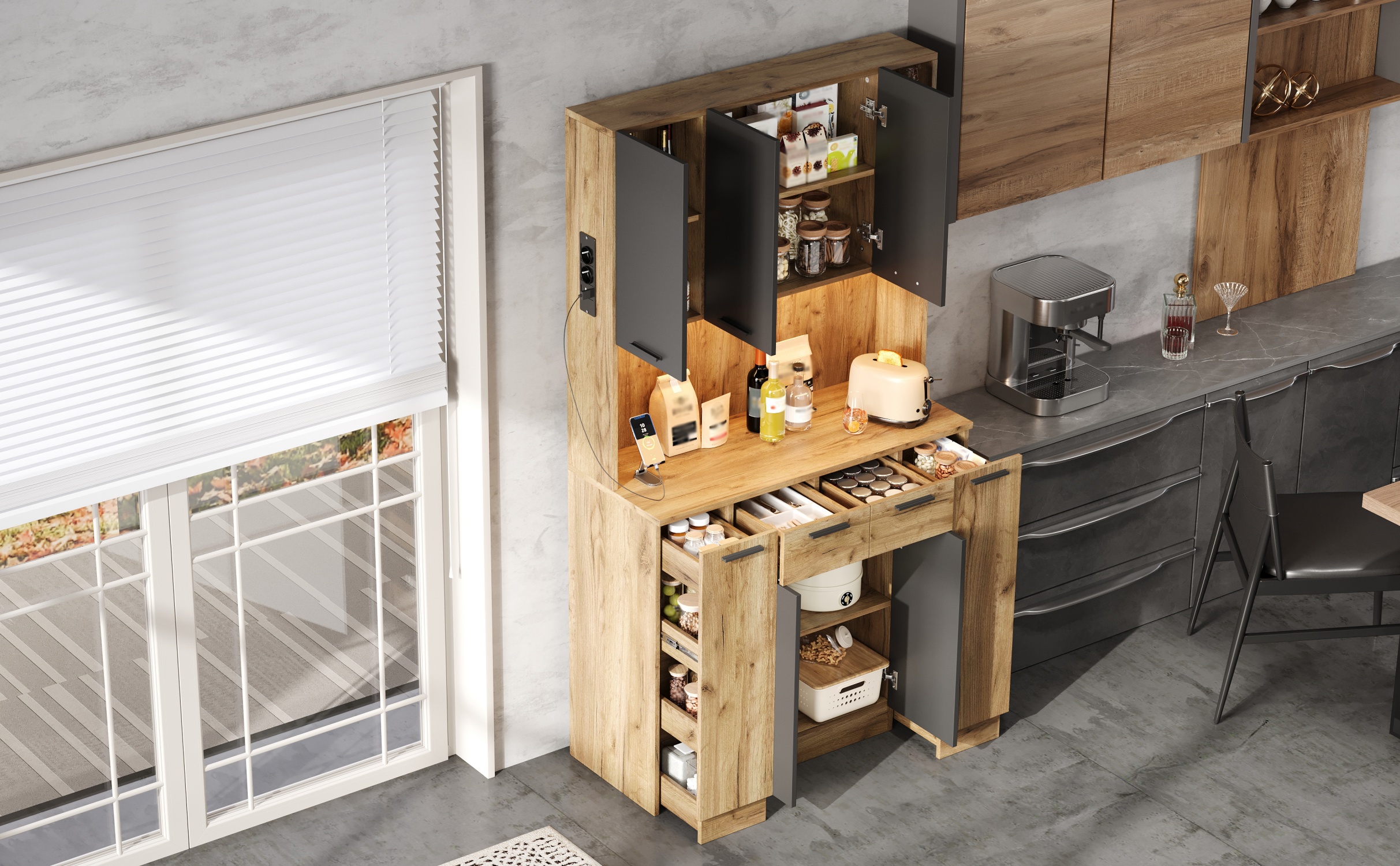 Küchenschrank, Hochschrank mit LED, Küchenregal mi