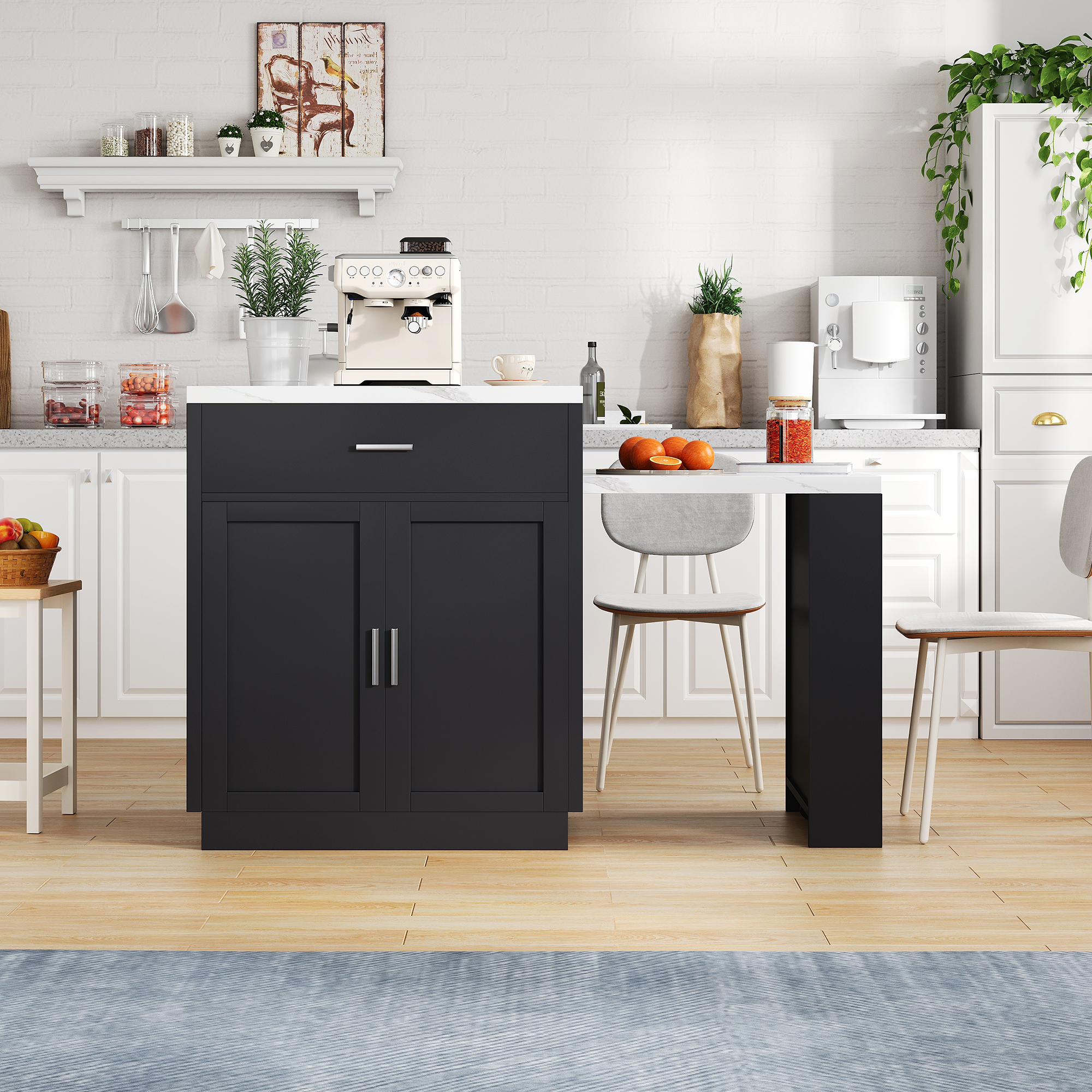 Îlot de cuisine avec table escamotable 131 cm max (2-6 personnes), prise CE 2×220-250V + 2 USB, zone préparation 80×55 cm, pour petit espace, design multifonction, beaucoup de rangement, stabilité, style moderne, fonctionnalité - image 16