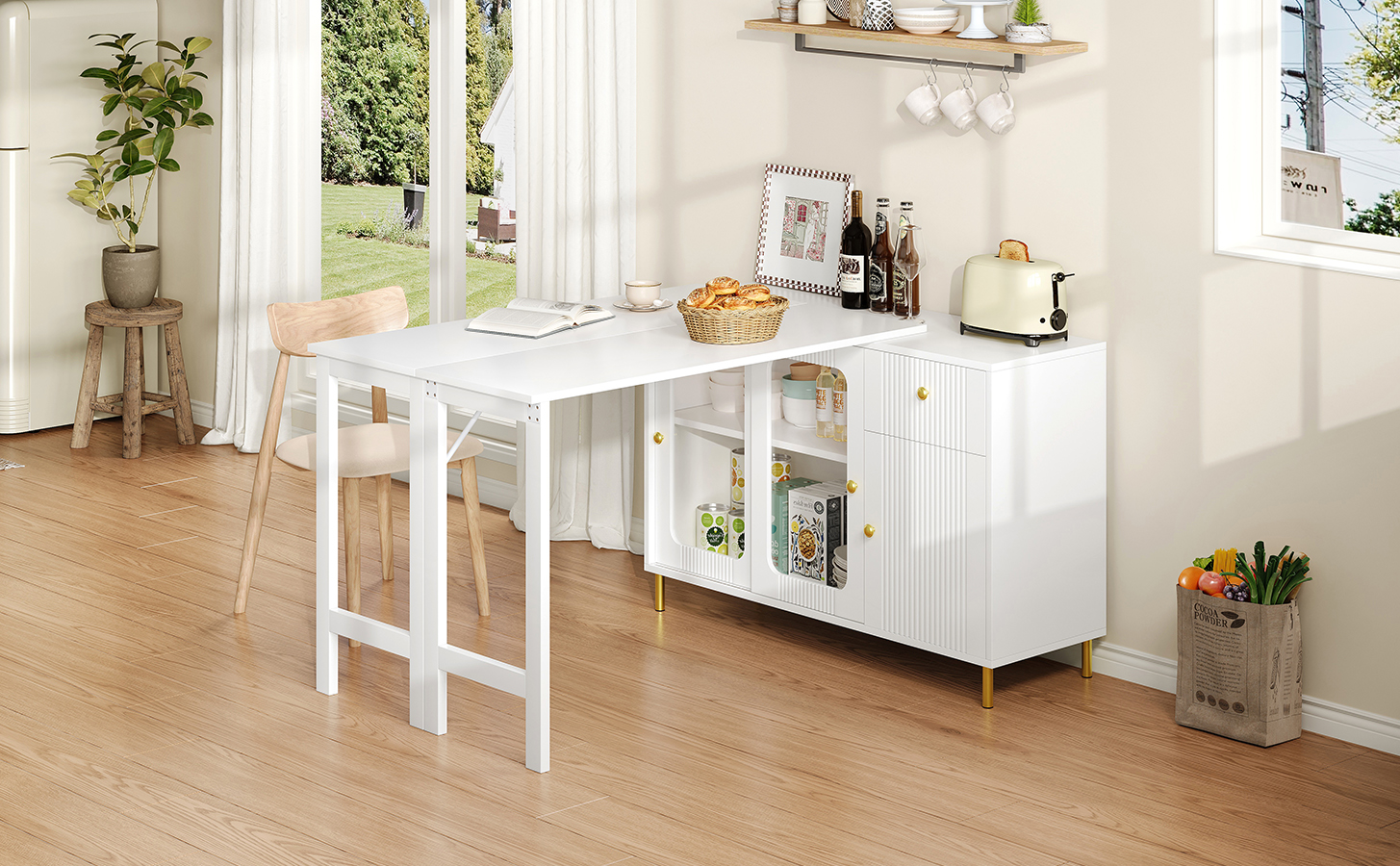 Buffet avec plateau extensible 122×40 à 122×80 cm, armoire blanche pieds métal doré, portes verre trempé, pour salon et salle à manger, design minimaliste, beaucoup de rangement, style élégant, fonctionnalité - image 12
