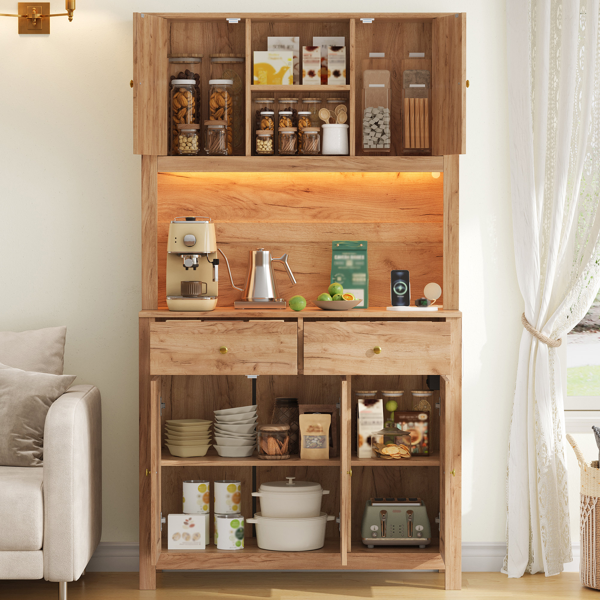 Buffet de rangement, avec tiroirs, éclairage led, prises et recharge intégrées, 100 x 40 x 180 cm, rotin et MDF, bois naturel - vue 4