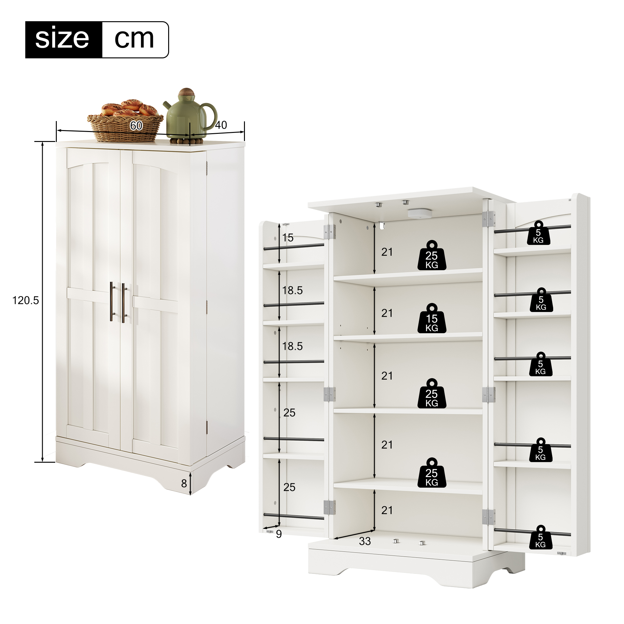 Buffet de rangement, étagères réglables, éclairage led, 60 x 40 x 120 cm, MDF, blanc - vue 4