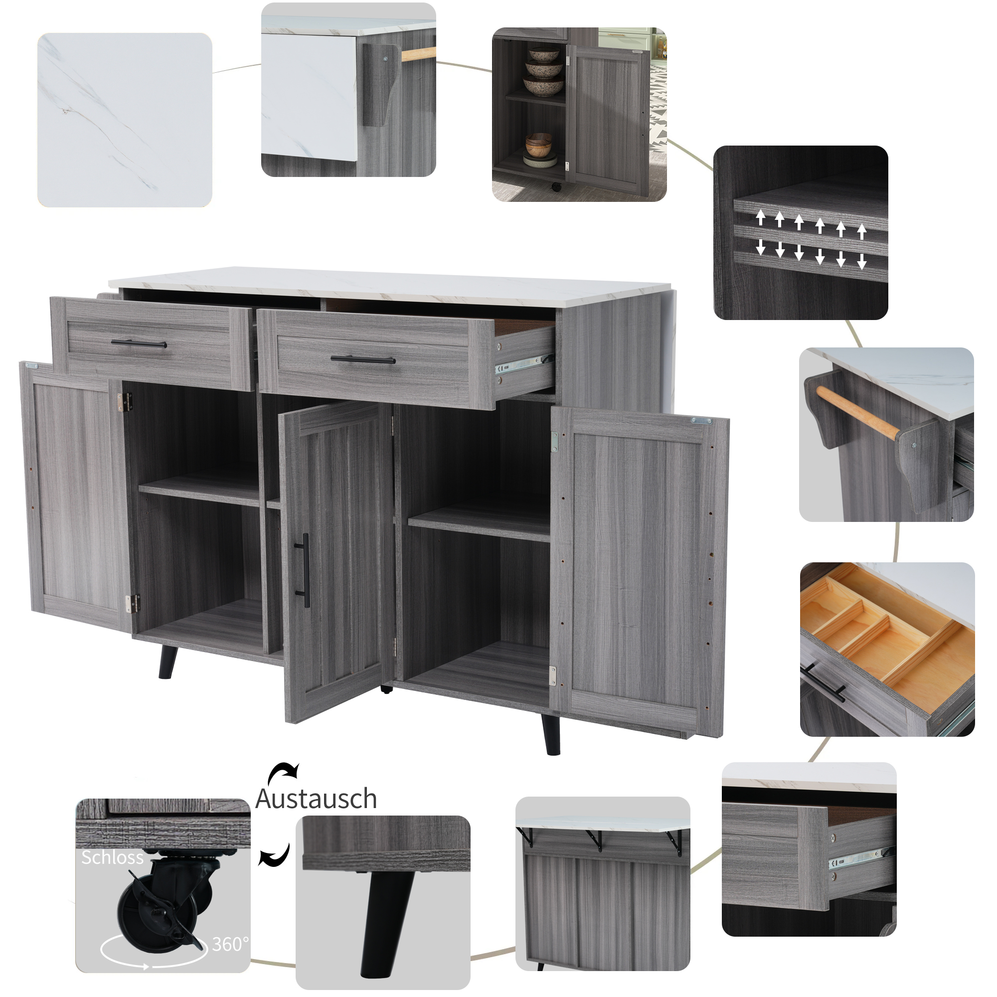 Îlot de cuisine, plateau rabattable, 2 tiroirs, 129 x 46 x 91,5 cm, MDF, gris et blanc - vue 3