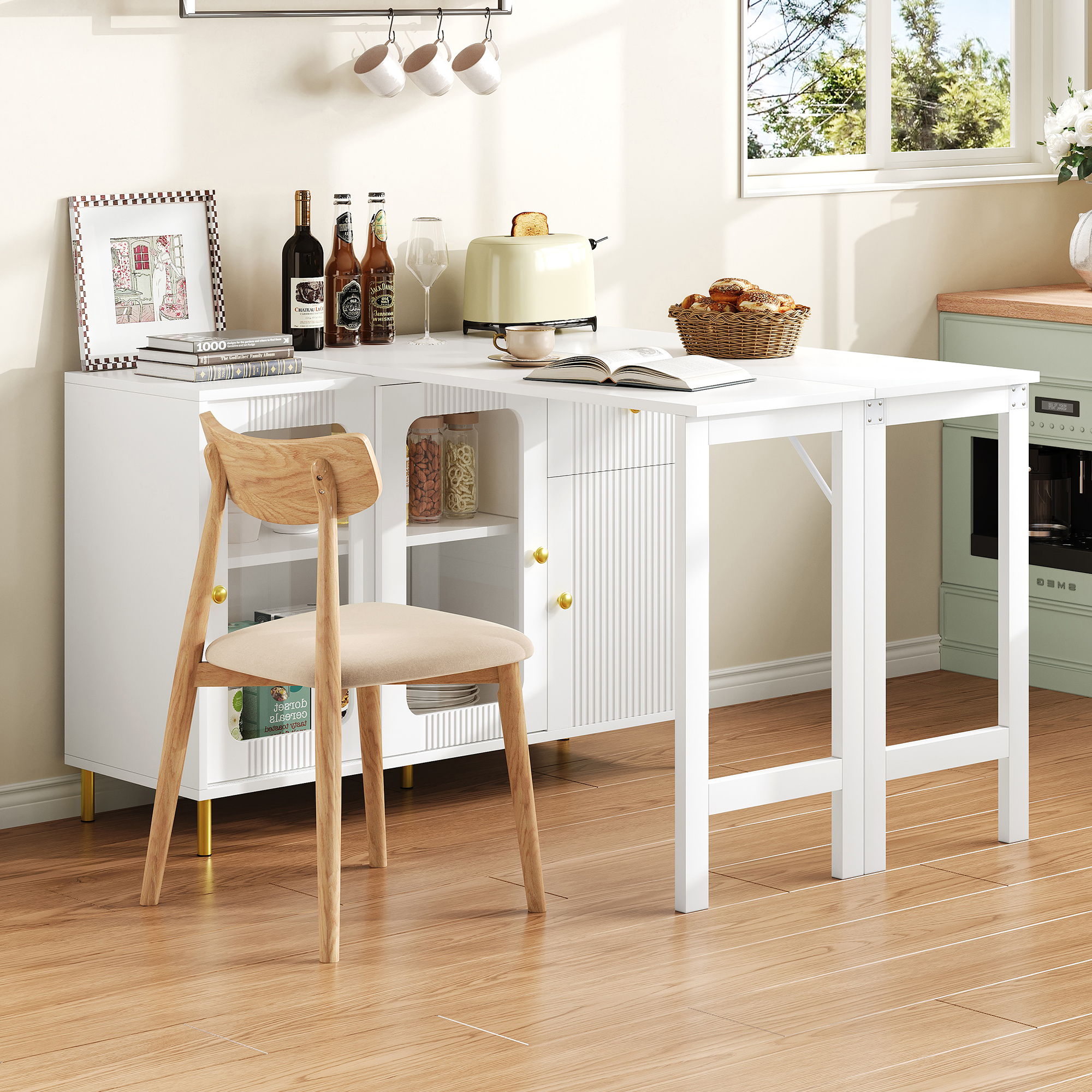 Buffet avec plateau extensible 122×40 à 122×80 cm, armoire blanche pieds métal doré, portes verre trempé, pour salon et salle à manger, design minimaliste, beaucoup de rangement, style élégant, fonctionnalité - image 20