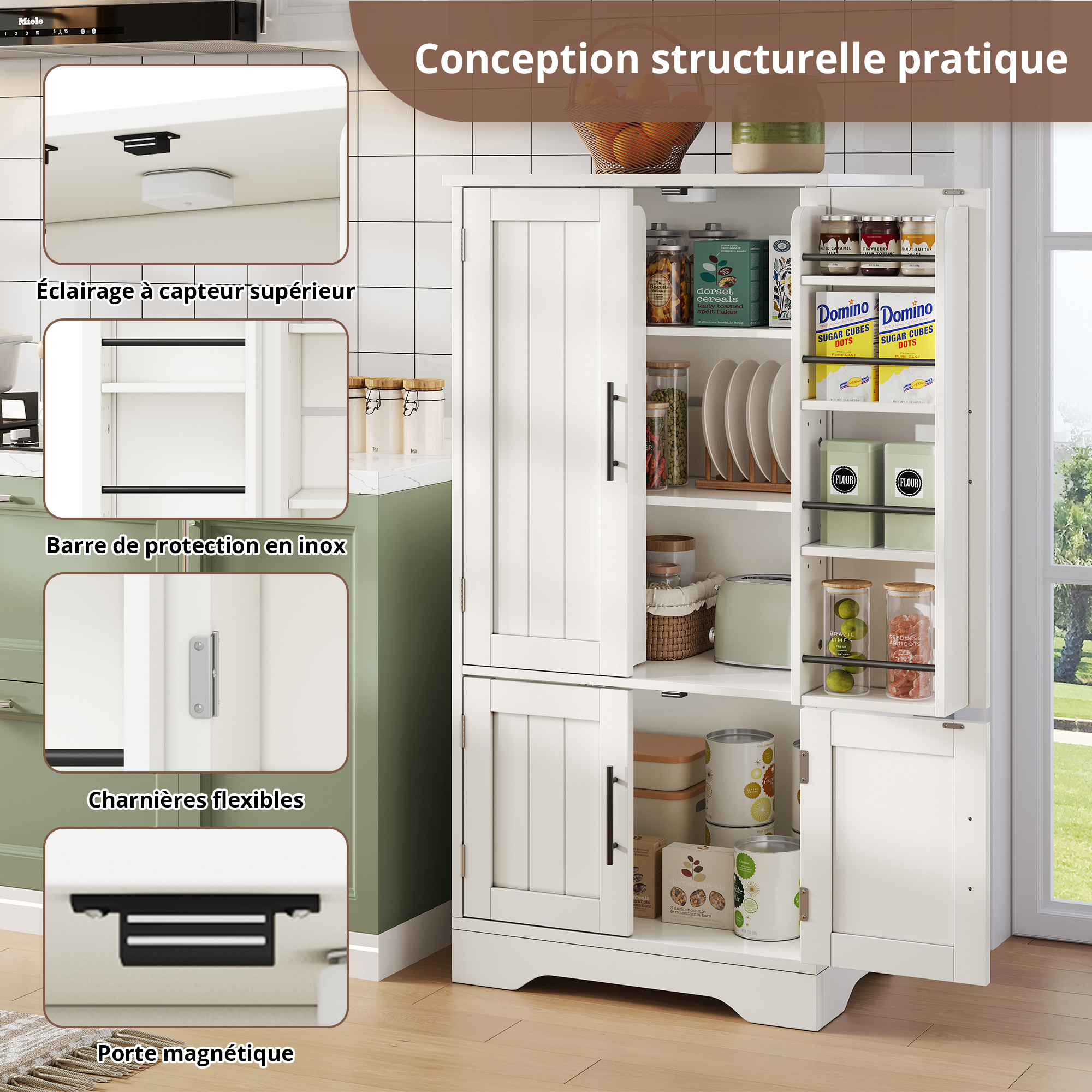Armoire haute moderne minimaliste 120×60×40 cm, MDF haute qualité, portes à motif 3D ondulé, poignées métalliques, pour petite cuisine, salle à manger et salon, beaucoup de rangement, design épuré - image 75