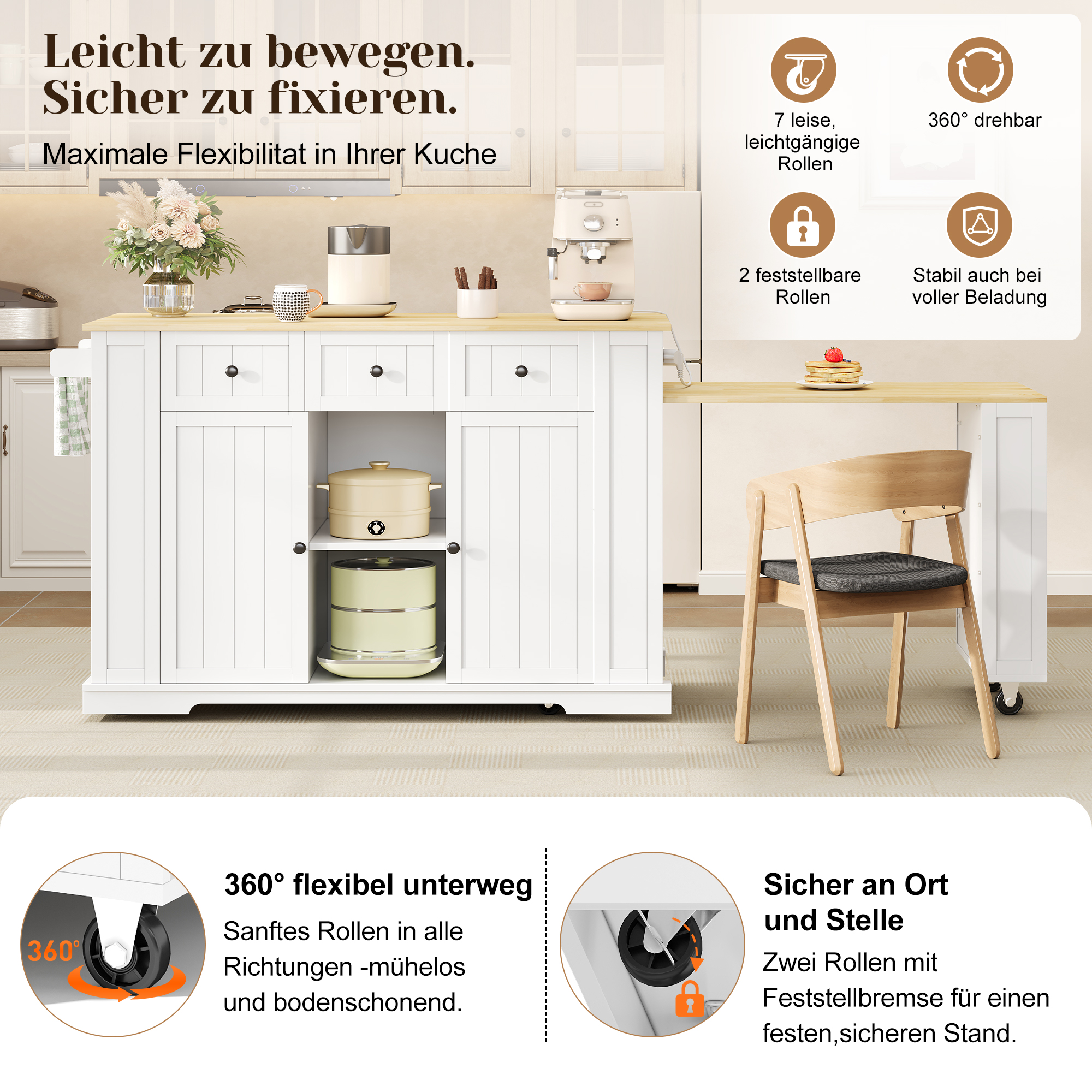 Îlot de cuisine mobile avec table extensible - Vue principale