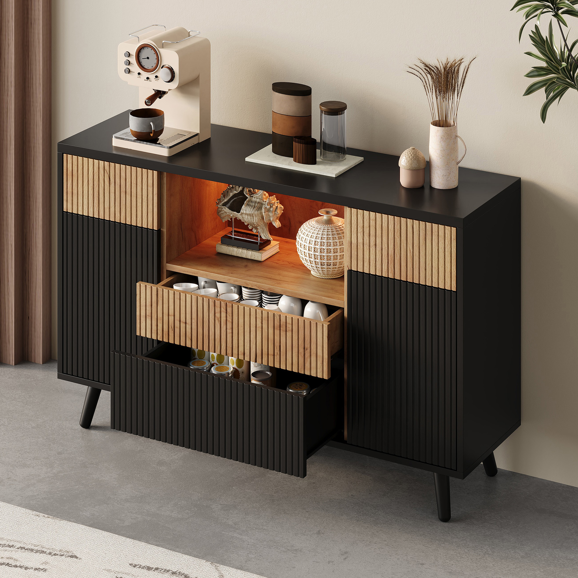 Buffet de cuisine, étagères réglables, 4 tiroirs, 130 x 38 x 85 cm, MDF, bois naturel et noir - vue 4