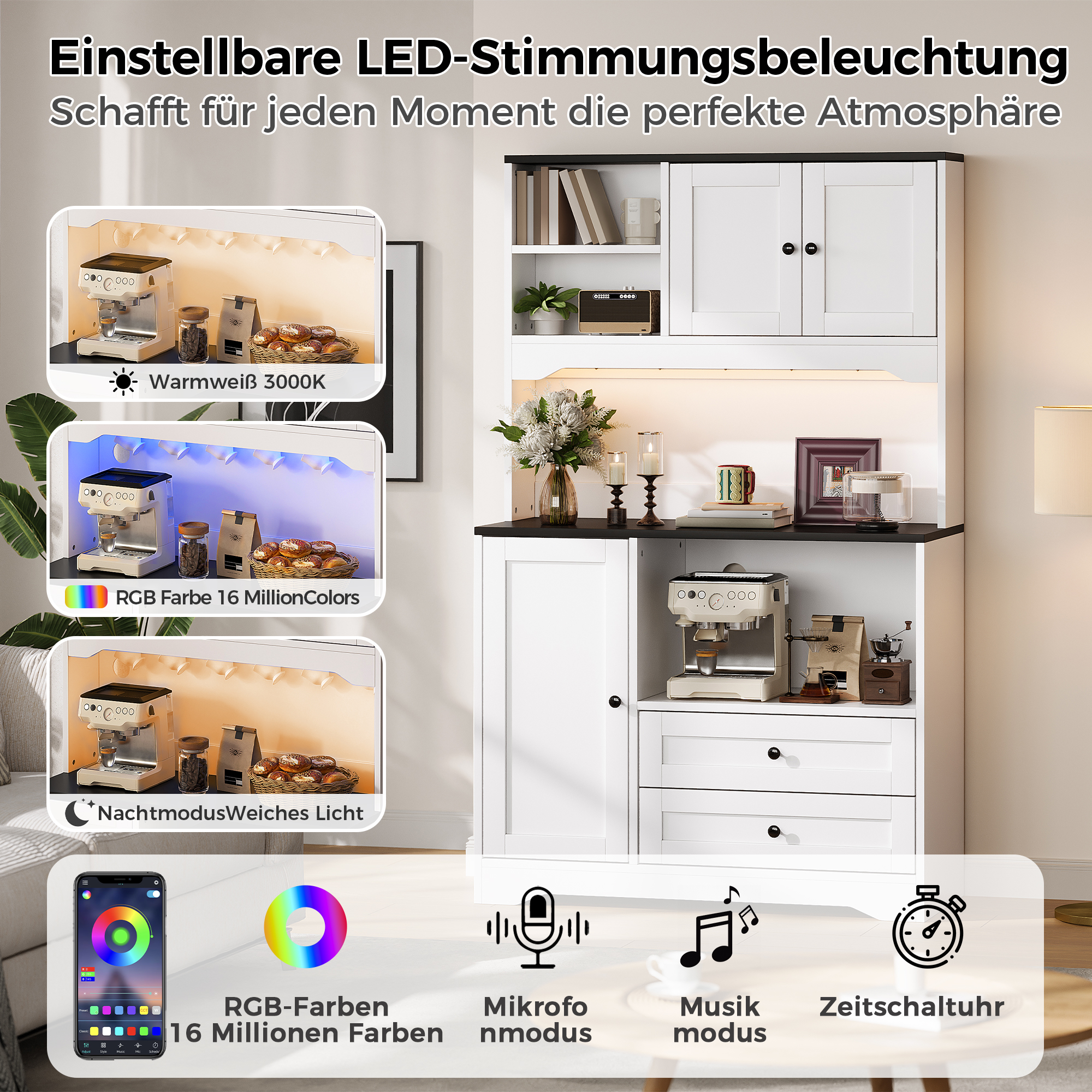 100×40×163cm,hoher Küchenschrank mit LED-Beleuchtu