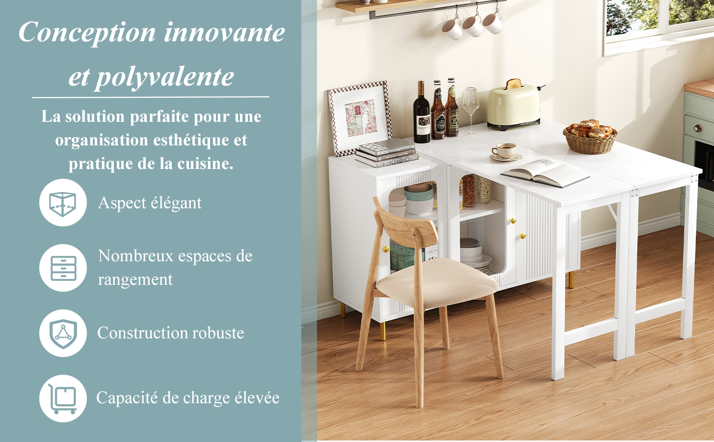 Buffet avec plateau extensible 122×40 à 122×80 cm, armoire blanche pieds métal doré, portes verre trempé, pour salon et salle à manger, design minimaliste, beaucoup de rangement, style élégant, fonctionnalité - image 25