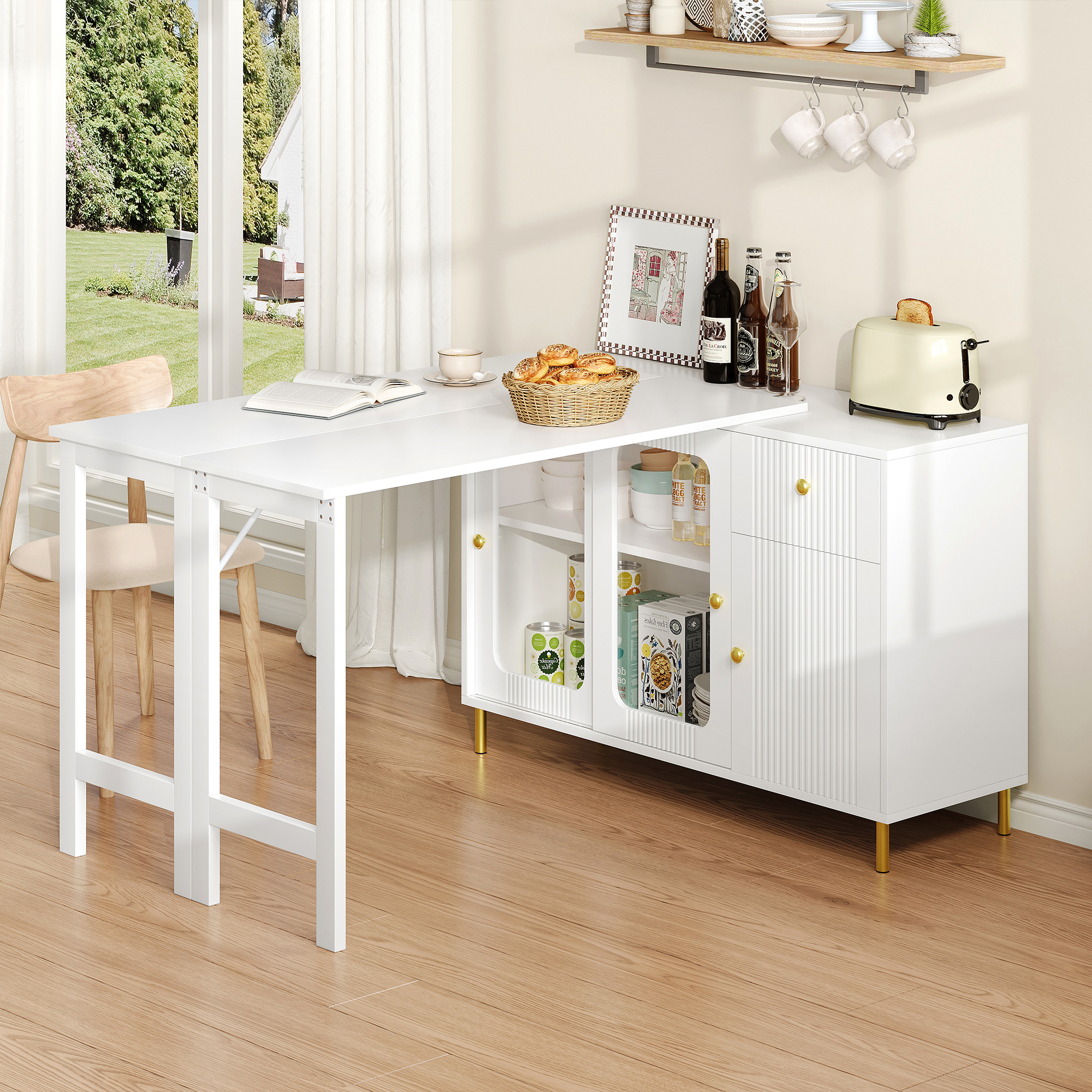 Buffet avec plateau extensible 122×40 à 122×80 cm, armoire blanche pieds métal doré, portes verre trempé, pour salon et salle à manger, design minimaliste, beaucoup de rangement, style élégant, fonctionnalité - image 14