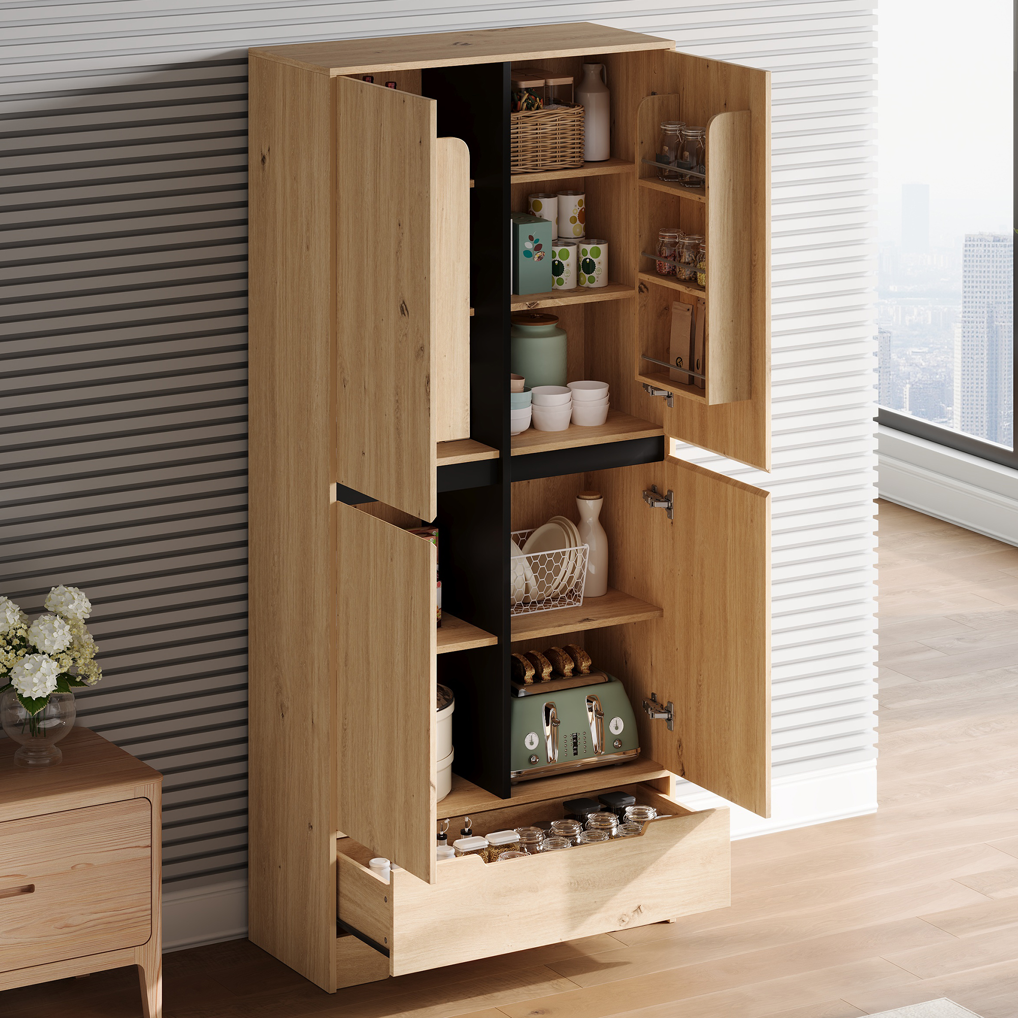Buffet de cuisine, étagères réglables, 1 tiroir, 80 x 35 x 180 cm, MDF, bois naturel - vue 6