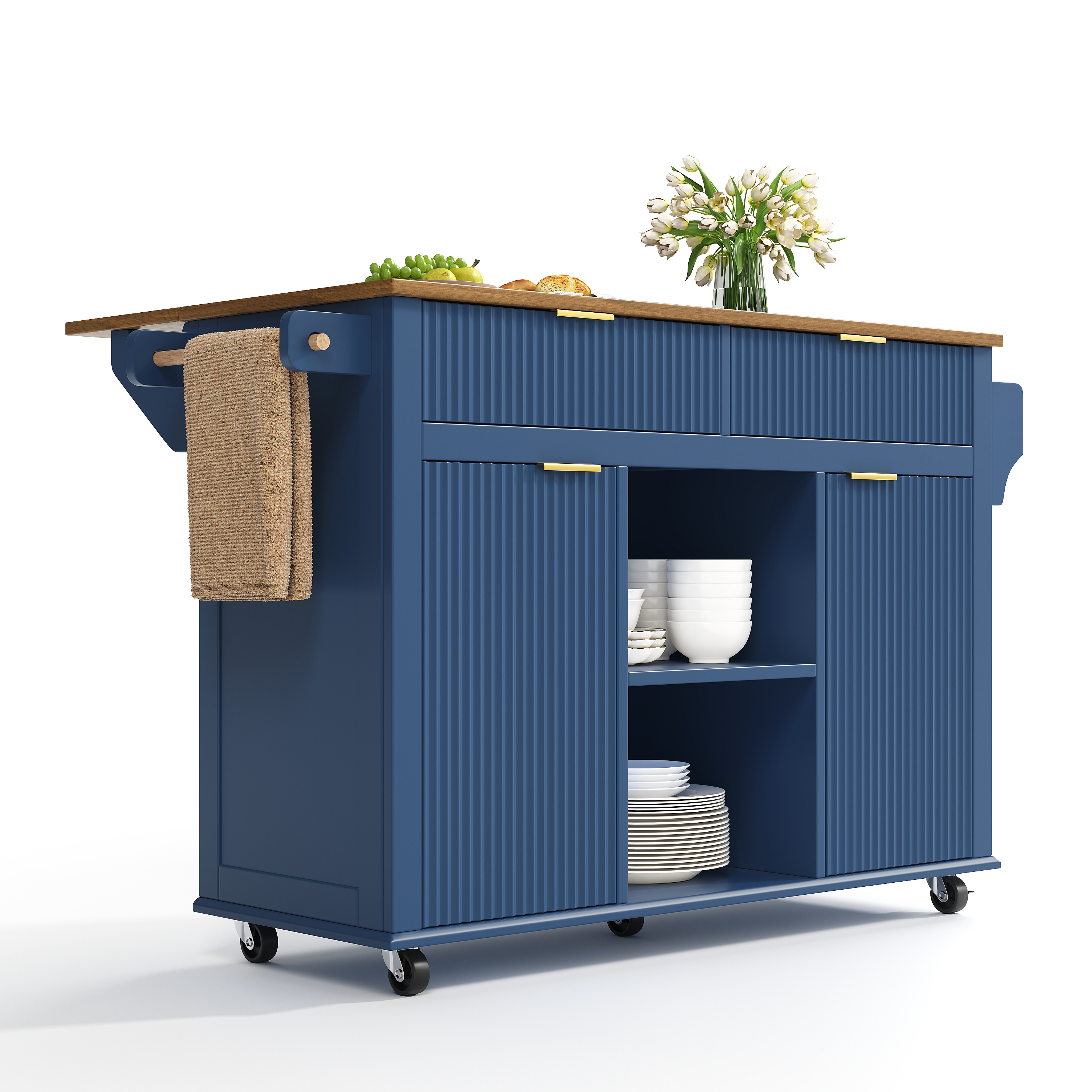Îlot de cuisine, pliable, mobile sur roulettes, rangement intégré, 143 x 45 x 89,5 cm, MDF, marron - vue 4