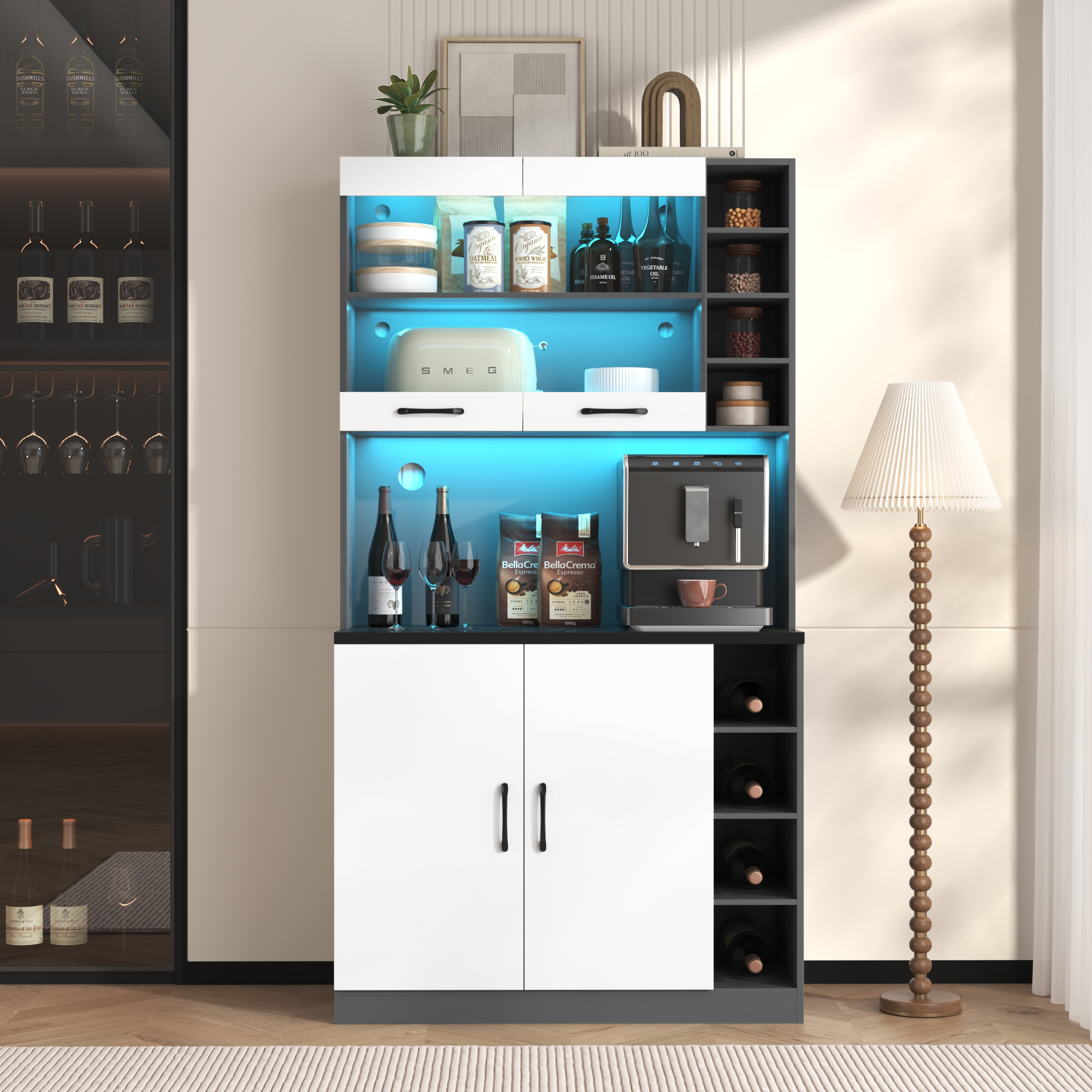 Buffet, hauteur réglable, éclairage led, 100 x 47 x 187 cm, bois et MDF, blanc - vue 5